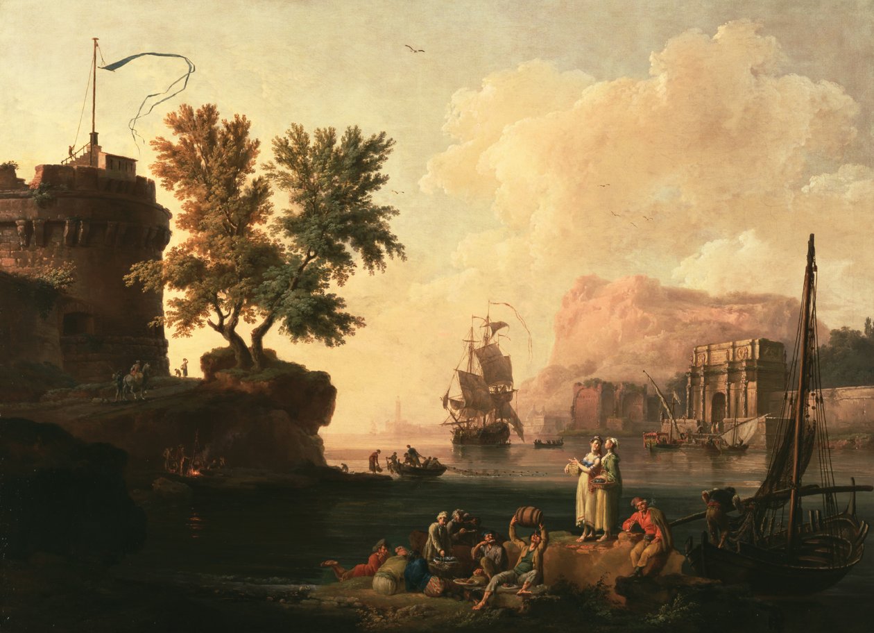 Mediterranean Harbor Scene, ca. 1763 (Olie på lærred) af Pierre Jacques Volaire