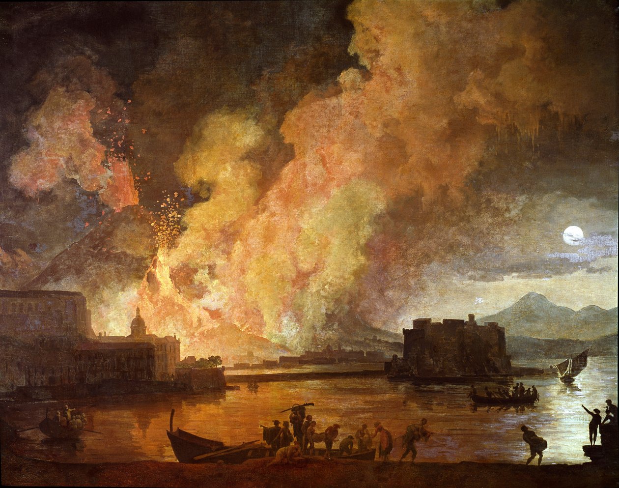 Vesuvens udbrud i Napoli i måneskin (maleri af Pierre Jacques Volaire