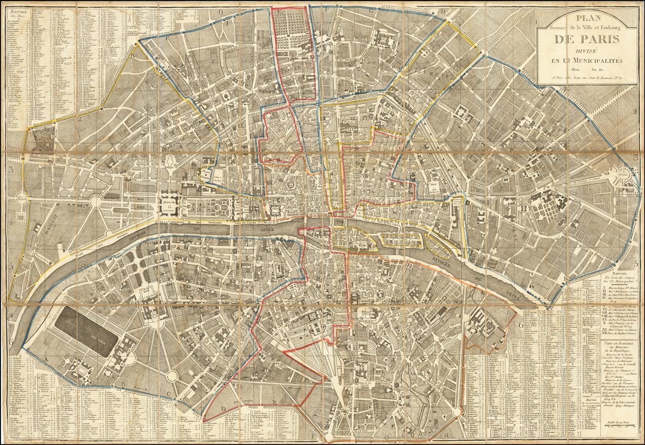 1802 kort - Plan Routier de la Ville et Faubourg de Paris Divise en 12 Municipalities af Pierre Jean