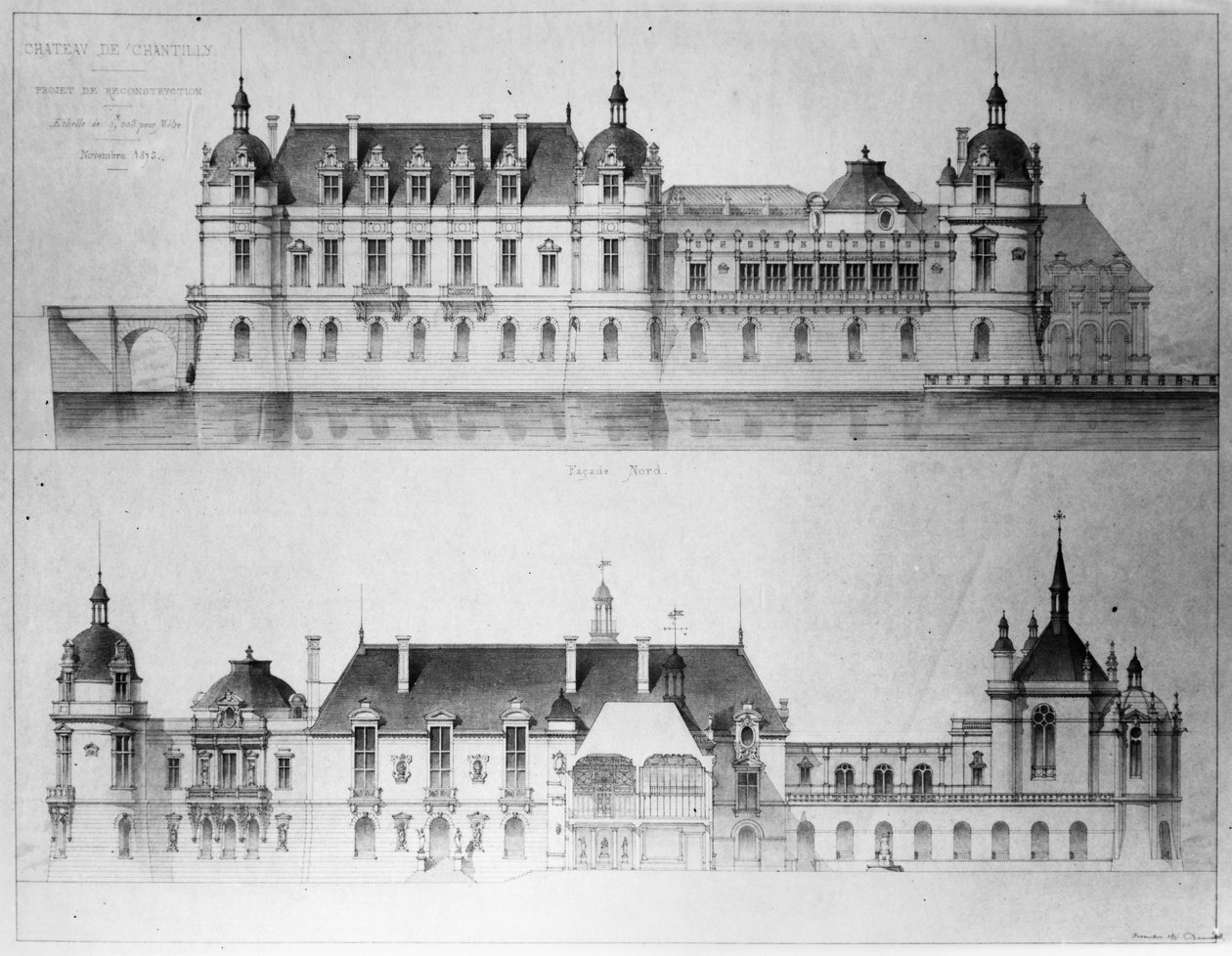 Design til rekonstruktion af nordfacaden og facaden af Petit Chateau af Chateau de Chantilly, 1875 (blyant og wc på papir) (bw foto) af Pierre Jerome Honore Daumet