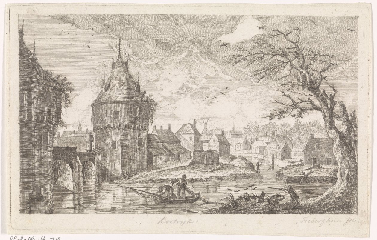 Udsigt over landsbyen med fiskere af Pierre Joseph Jacques Tiberghien