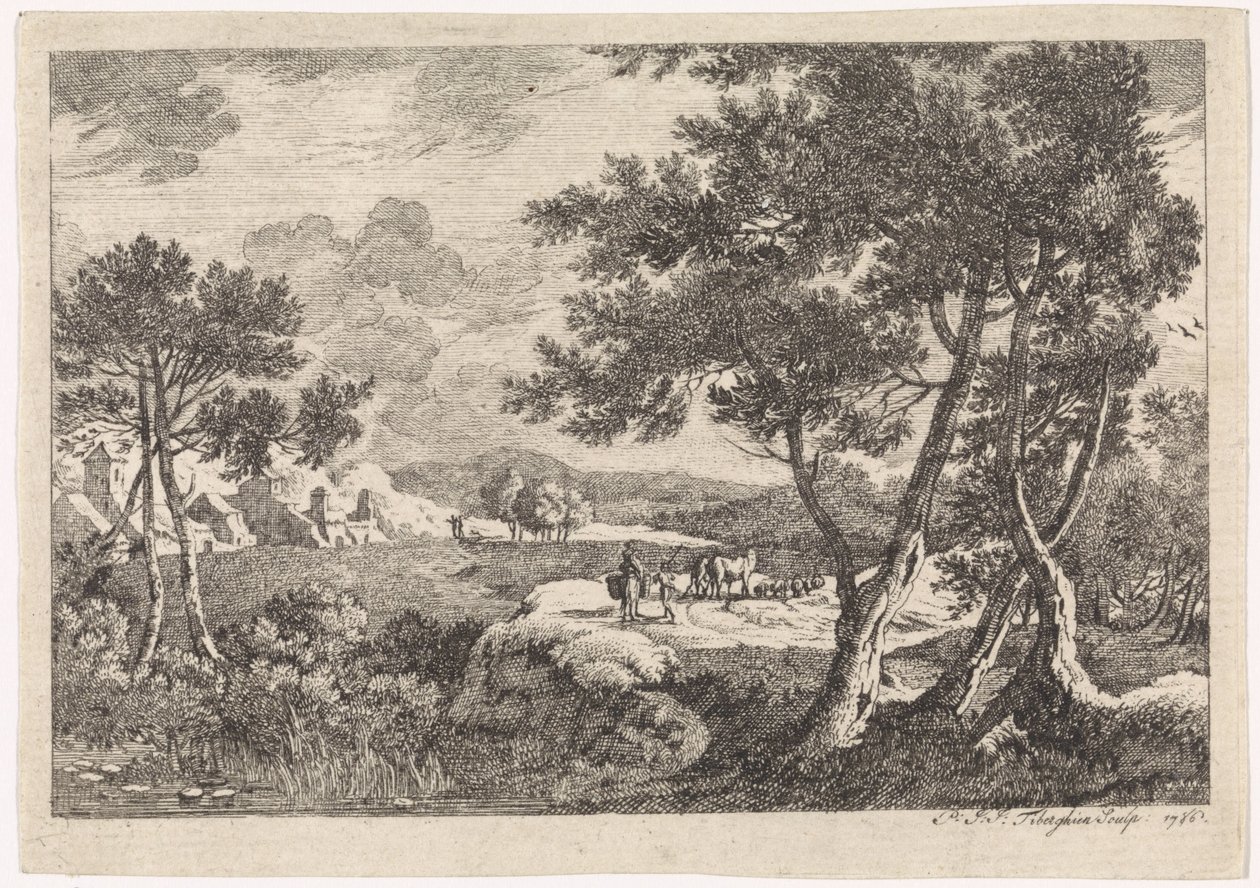 Landskab med træer i forgrunden af Pierre Joseph Jacques Tiberghien