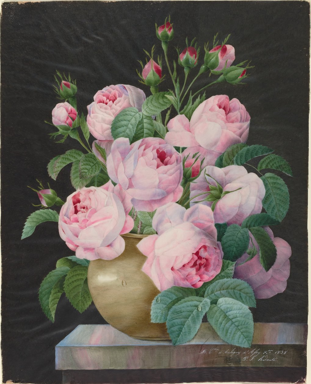 Lyserøde roser i en vase af Pierre Joseph Redouté