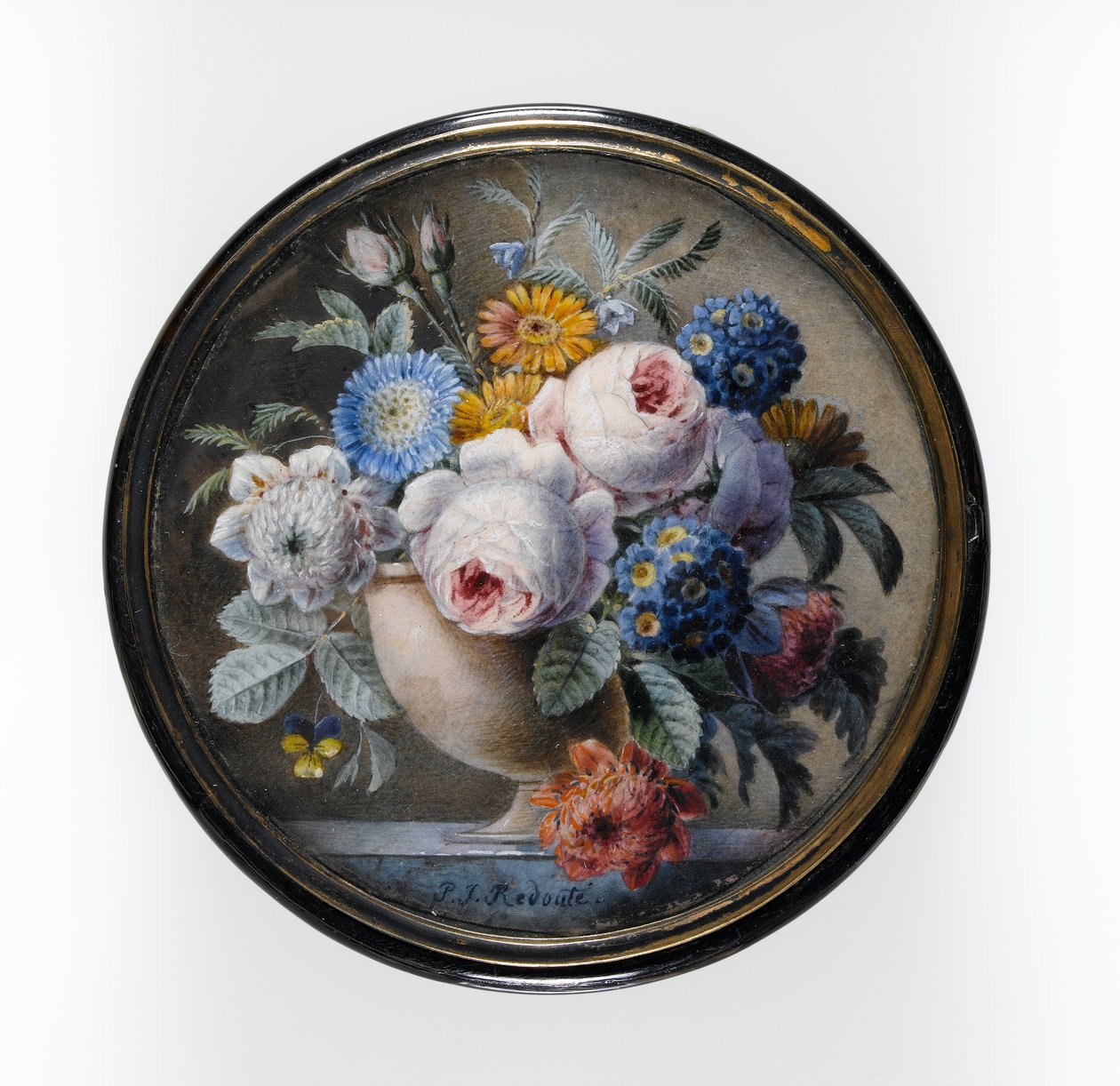 Skildpadde-skal æske med en miniature af blomster i en stenvase på en marmorplade, 1827 (wc og kropsfarve på kort, sat under glas i et beslag af forgyldt metal) af Pierre Joseph Redouté