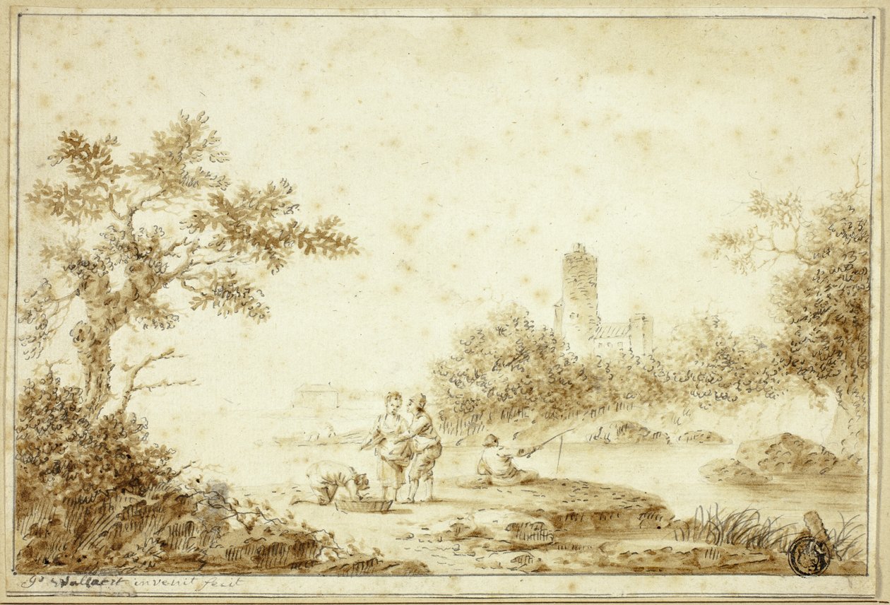 Landskab med figurer ved vandløb af Pierre Joseph Wallaert