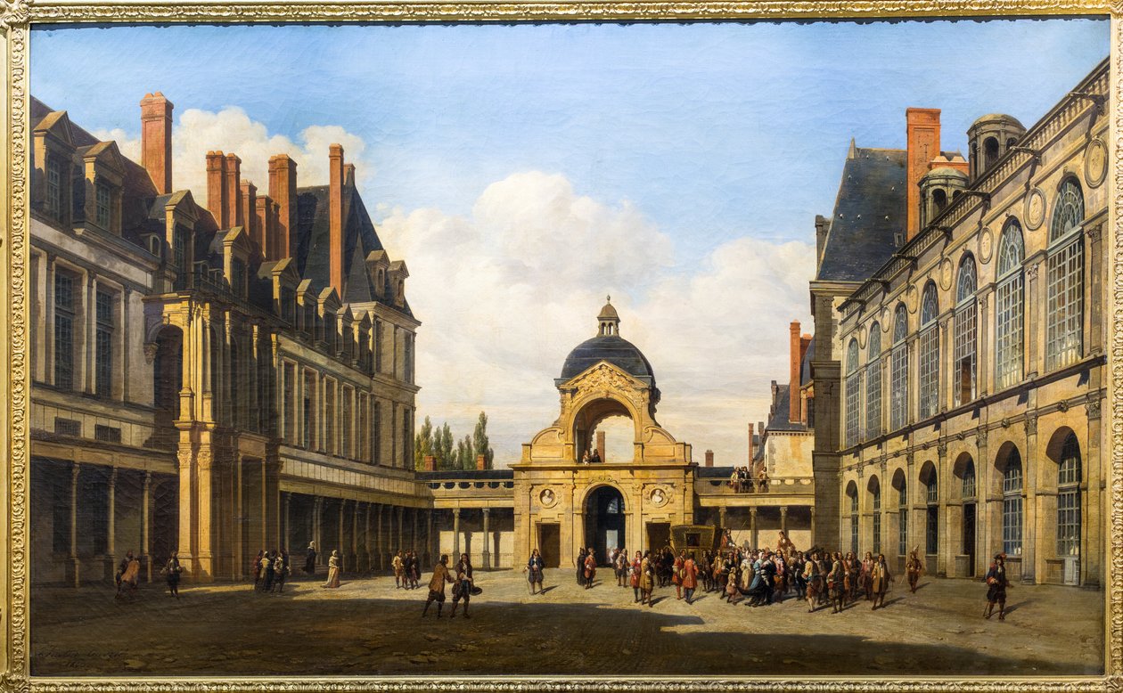 Oval gårdhave på Château de Fontainebleau. Ankomst af Christine af Sverige, dronning af Sverige af Pierre Justin Ouvrie