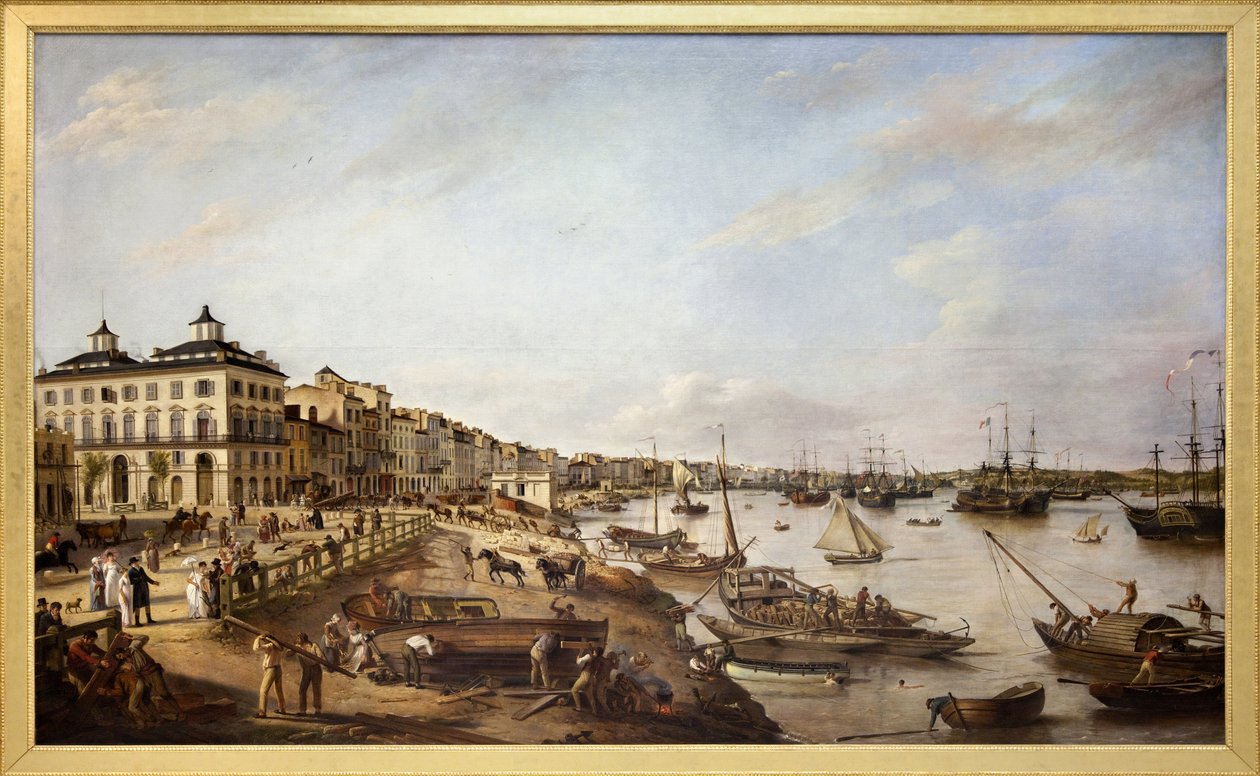 Udsigt over en del af havnen og havnen i Bordeaux, kendt som Chartrons og Bacalan, Oliemaleri på lærred lavet i 1804 af Pierre Lacour Pere af Pierre Lacour