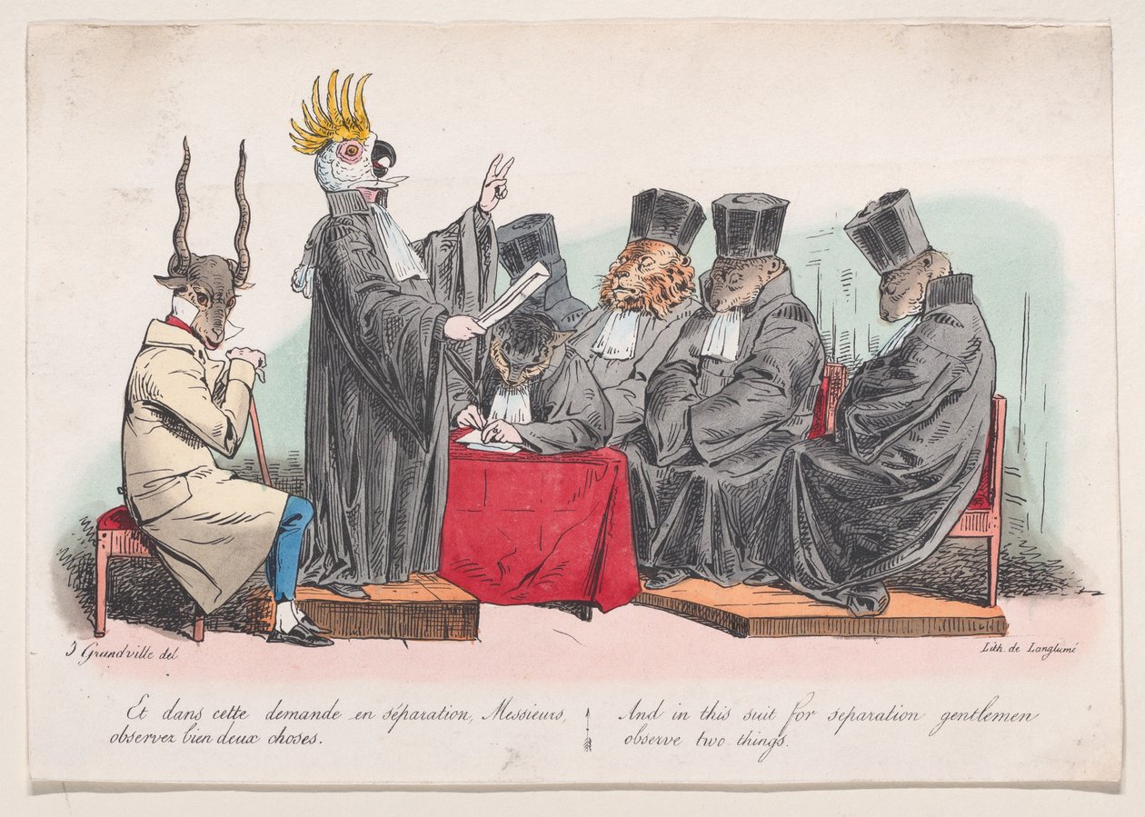 Og i denne dragt til adskillelse, mine herrer, observer to ting fra Metamorphoses of the D..., 1829. af Pierre Langlumé