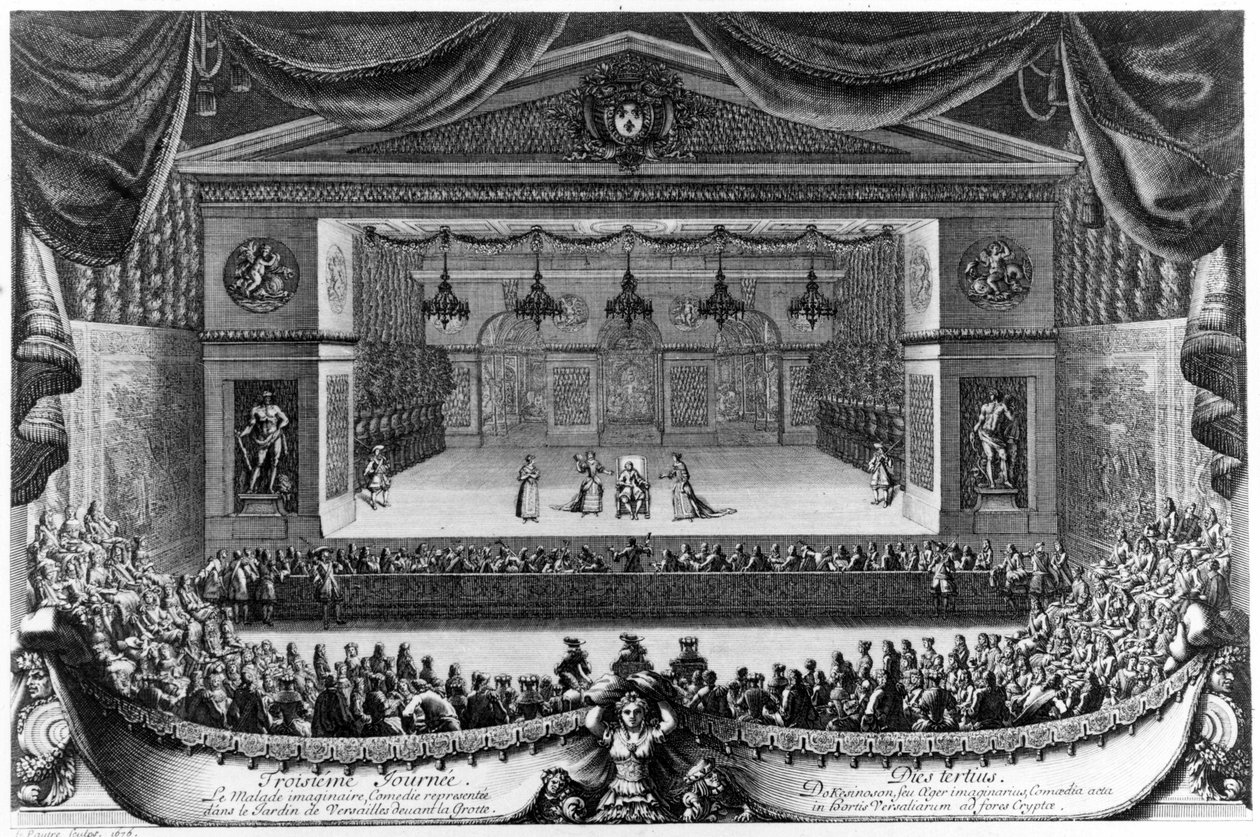 Tredje dag: Le Malade imaginaire (af Molière), komedie repræsenteret i Versailles have foran grotten i 1676, gravering af Pierre Lepautre (1660-1744) af Pierre Lepautre