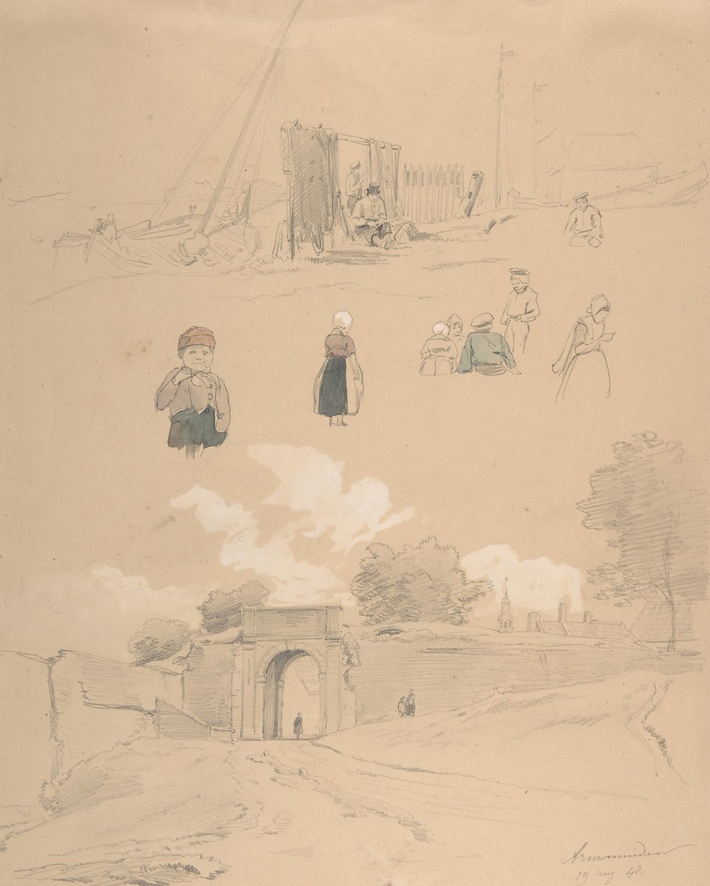 Studieark med figurer og landskaber ved Arnemuiden ved Middelburg..., midten af 1800-tallet. af Pierre Louis Dubourcq
