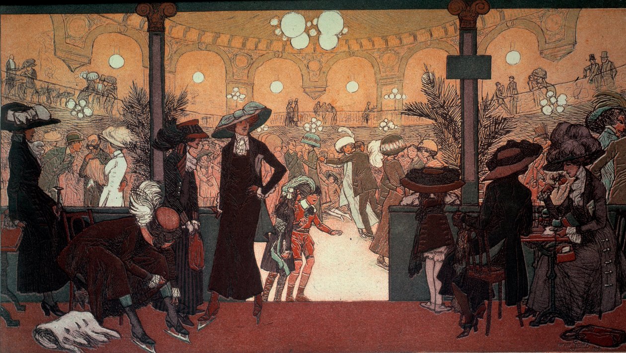 Palais des Glaces: Udsigt fra det indre af Palais des Glaces på Champs Elysees i Paris: skøjtebanen. Kunstværk af Pierre Gatier (1878-1944) Privat samling af Pierre Louis Gatier