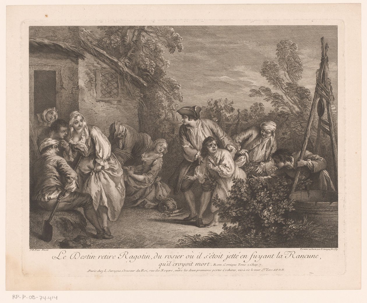 Ragotin bevlucht i en lyserød Skæbnen trækker Ragotin fra rosenbusken, som han havde kastet sig ind i, mens han flygtede fra La Rancune, som han troede var død. Scener fra Roman Comique van Scarron (serietitel) af Pierre Louis Surugue