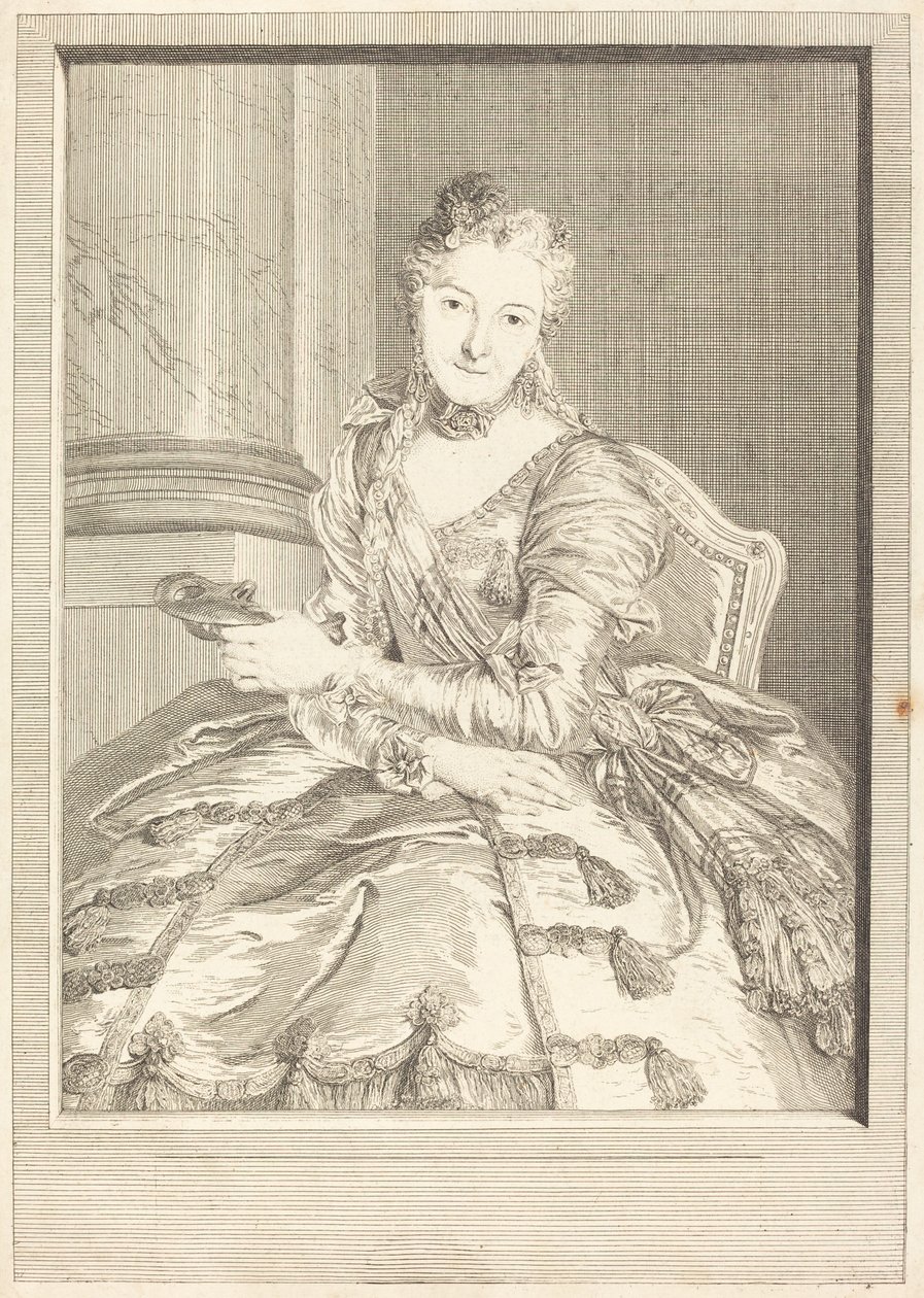 Fru de M ... i en balkjole af Pierre Louis de Surugue after Charles Antoine Coypel