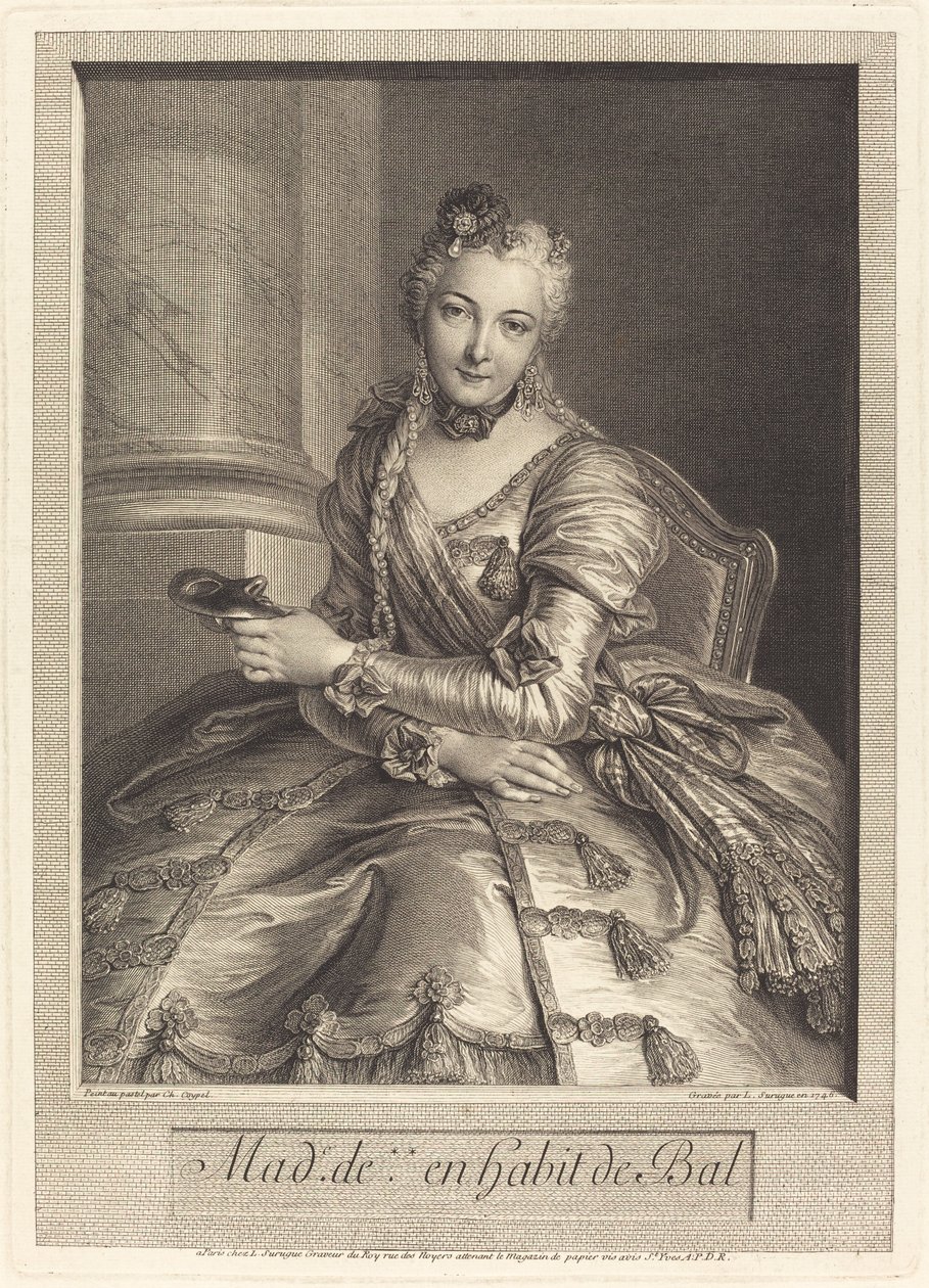 Fru de M ... i en balkjole af Pierre Louis de Surugue after Charles Antoine Coypel