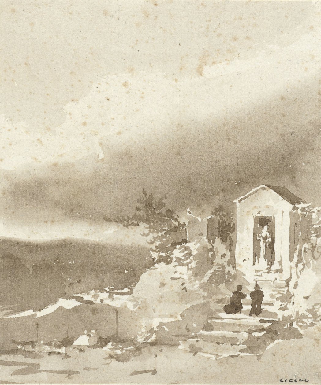 To knælende mennesker på trappen foran et kapel i bjergene af Pierre Luc Charles Ciceri