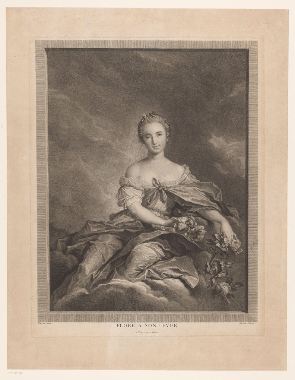 Flora på skyer med blomster i hånden Flore en søn løftestang (titel på objekt) af Pierre Maloeuvre