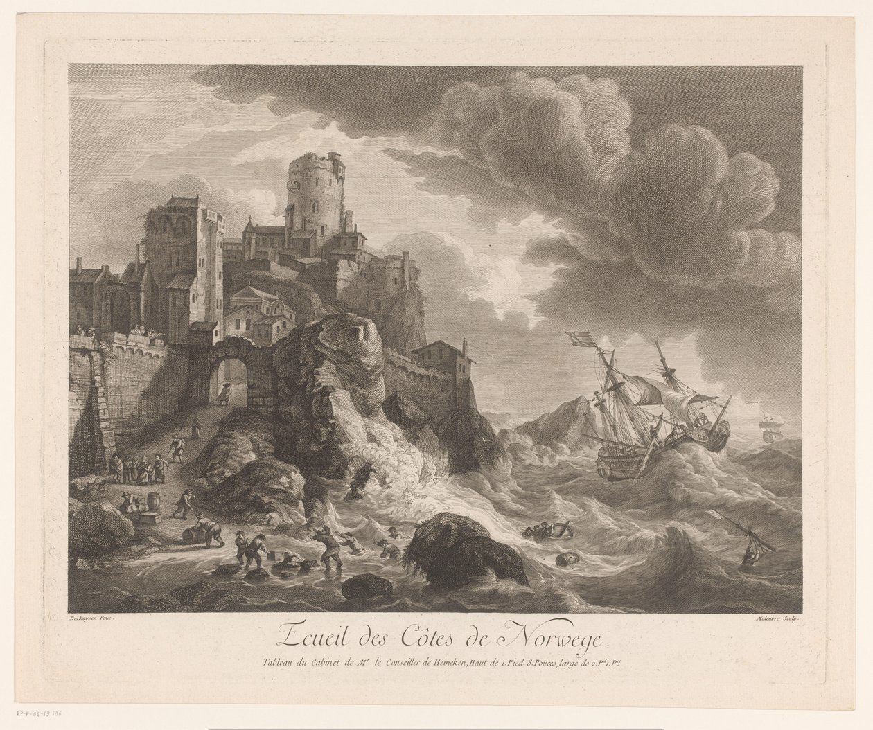 Norges kyst med skyllede sømænd Ecueil des Côtes de Norway (titel på objekt) af Pierre Maloeuvre