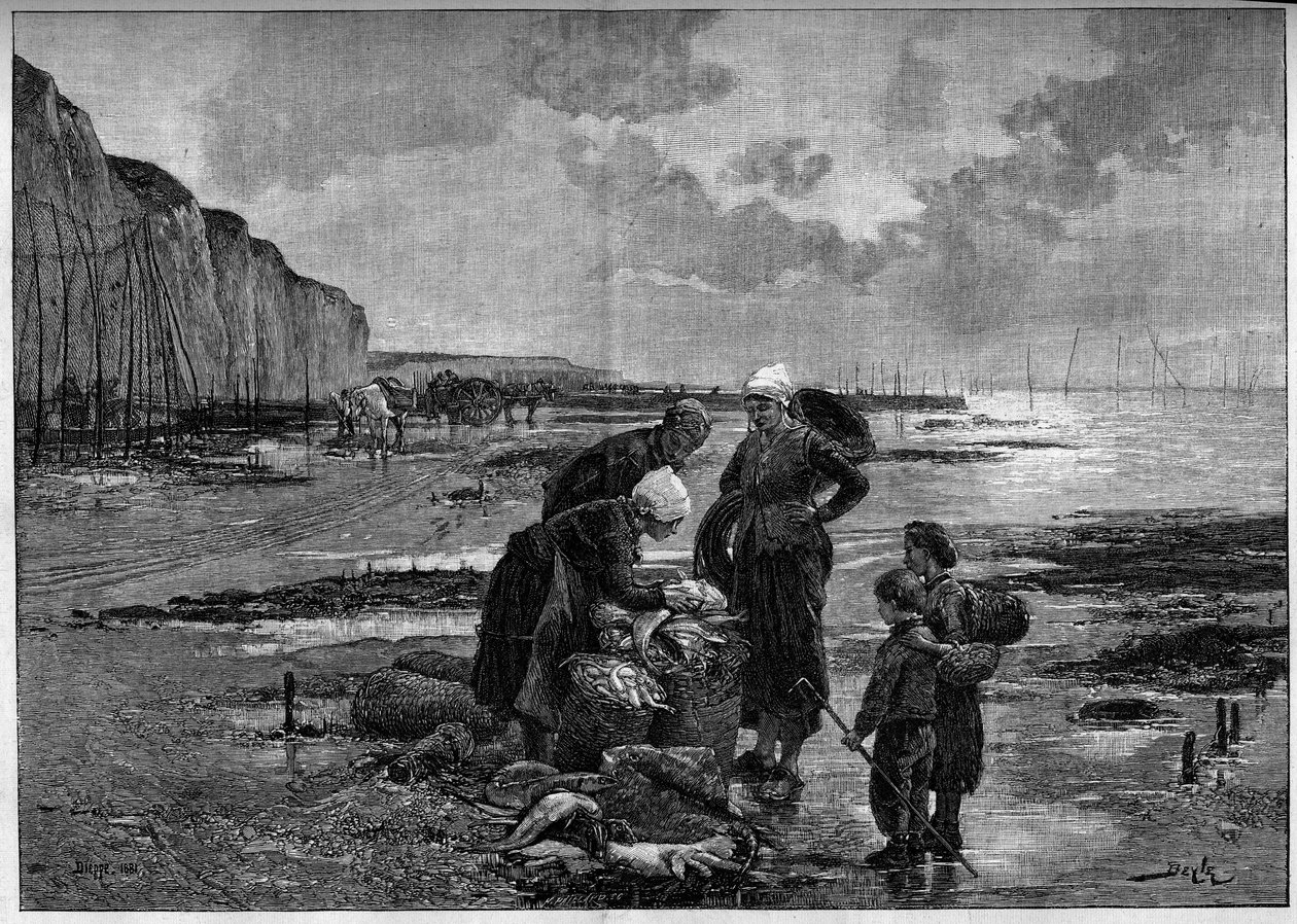 Fiskeriet af Dieppe, lav hoppe. Gravering efter maleriet af Pierre Beyle (1838-1902) i "" The Illustrous World"" nr. 1327 af 2. september af Pierre Marie (after) Beyle