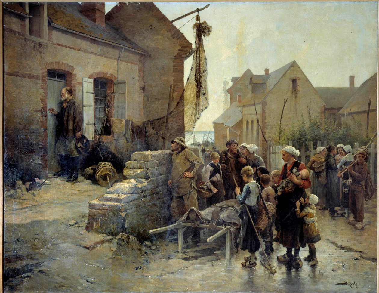 Tilbage fra Tempete En sømand banker på døren til en kvinde af en synder, der døde i et tempete for at fortælle hende nyheden. Maleri af Pierre Marie Beyle (1838-1902) Fecamp fra det 19. århundrede, Museum of the Newfoundland af Pierre Marie Beyle