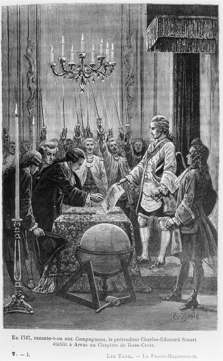 I 1747, fortælles ledsagerne, oprettede prætendenten Charles-Edward Stuart (1720-1788) et kapitel af Rosenkorset i Arras, illustration fra 