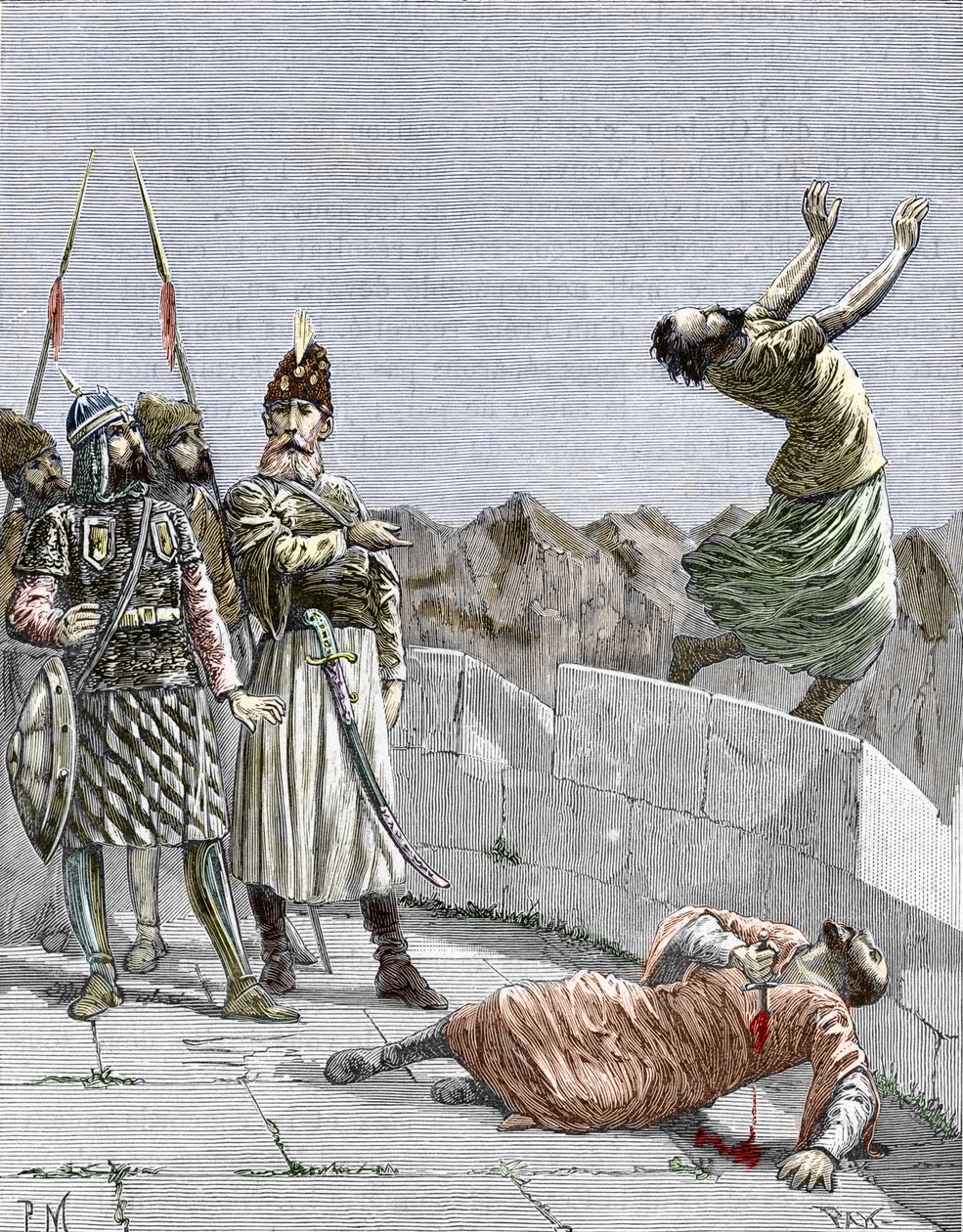Ismaili-sekten i øst eller mordere grundlagt af Hassan ibn al-Sabbah (1036-1124), kendt som bjergets gamle mand,” rep beordrede to af sine fanatiske tilhængere til at dræbe sig selv, Alamut, Persien, omkring 1096” (Nizari Ismailisme: repræsentation af Hass af Pierre Mejanel