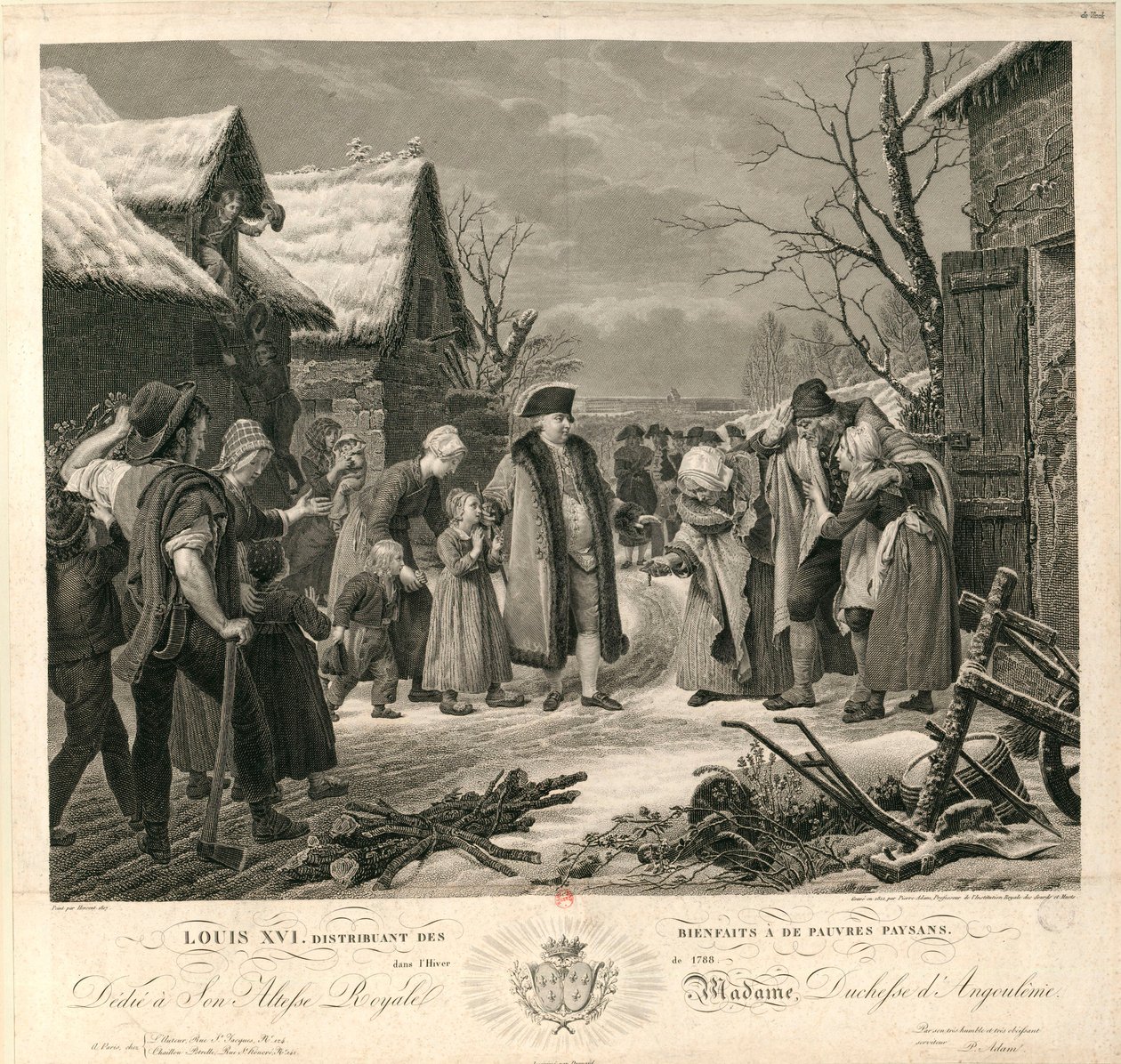 Ludvig XVI uddelte almisser til de fattige bønder i vinteren 1788, ca. 1817. af Pierre Michel Adam