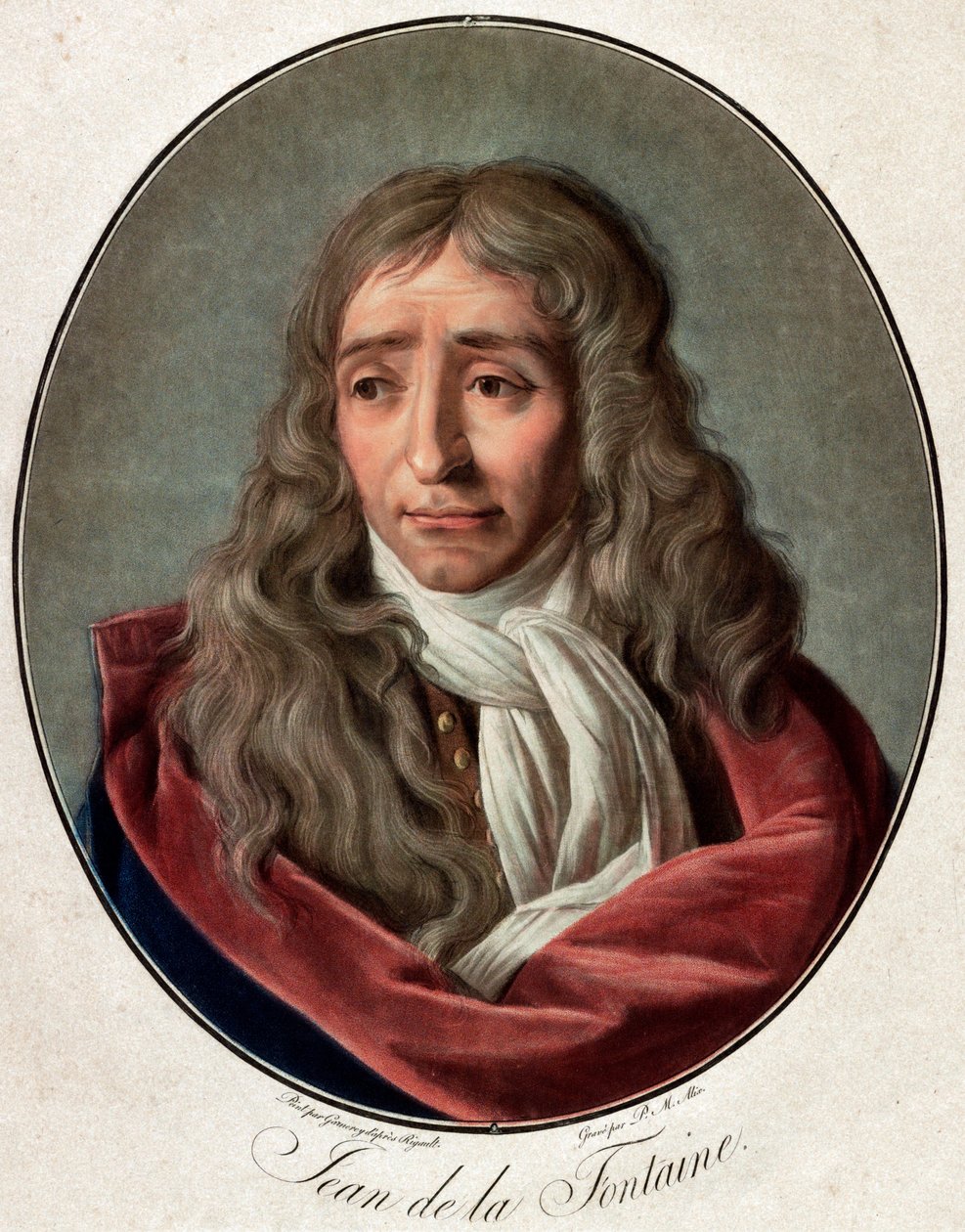 Portræt af Jean de La Fontaine (Lafontaine) (1621-1695), fransk digter, gravering af Pierre Michel Alix (1762-1817) af Ambroise Louis Garnerey (1783-1857) af Pierre Michel Alix