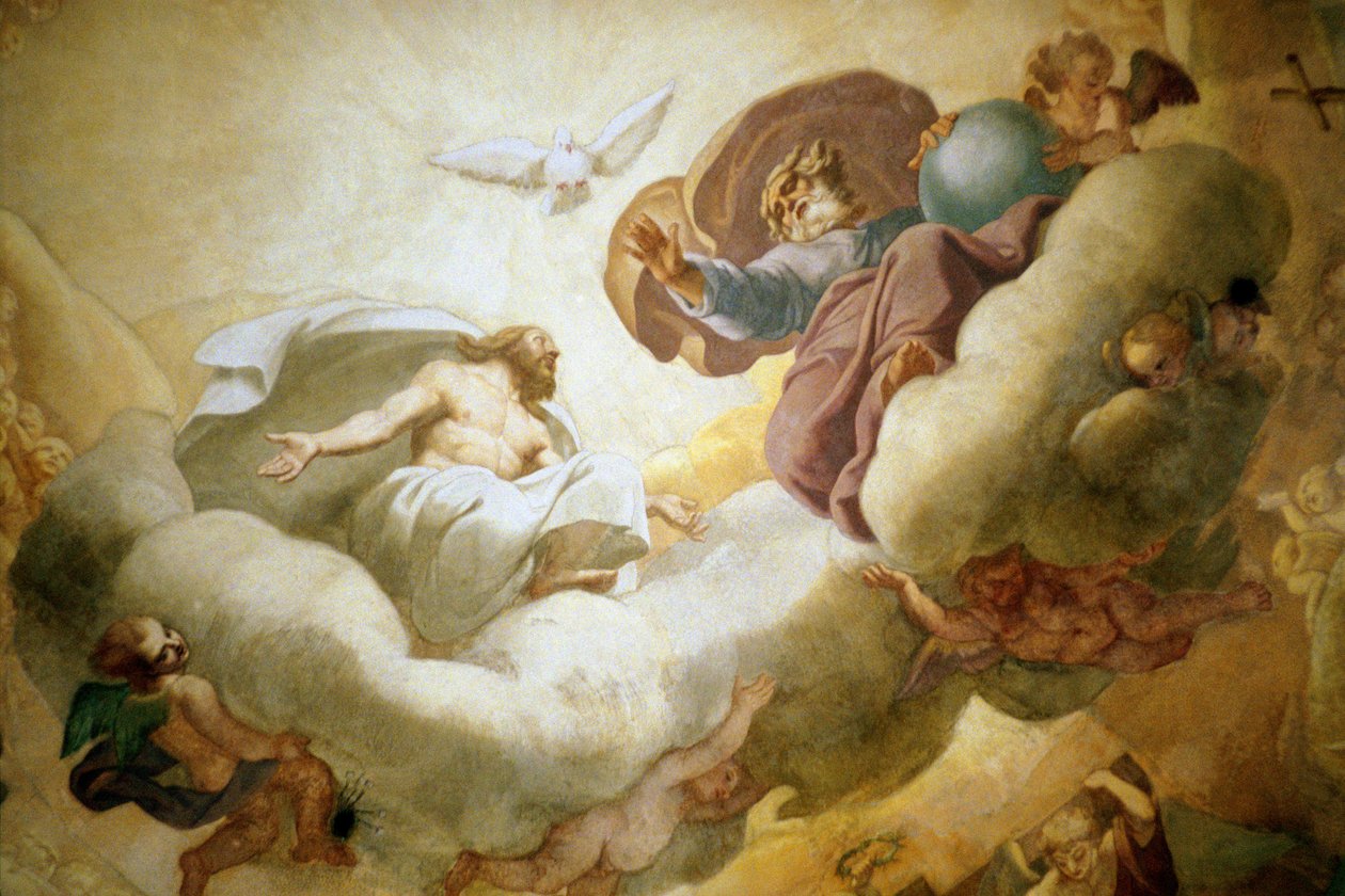 Detalje af maleriet af det indre af kuplen, der forestiller den hellige treenighed, 1663-65 fresco se også 252650 af Pierre Mignard