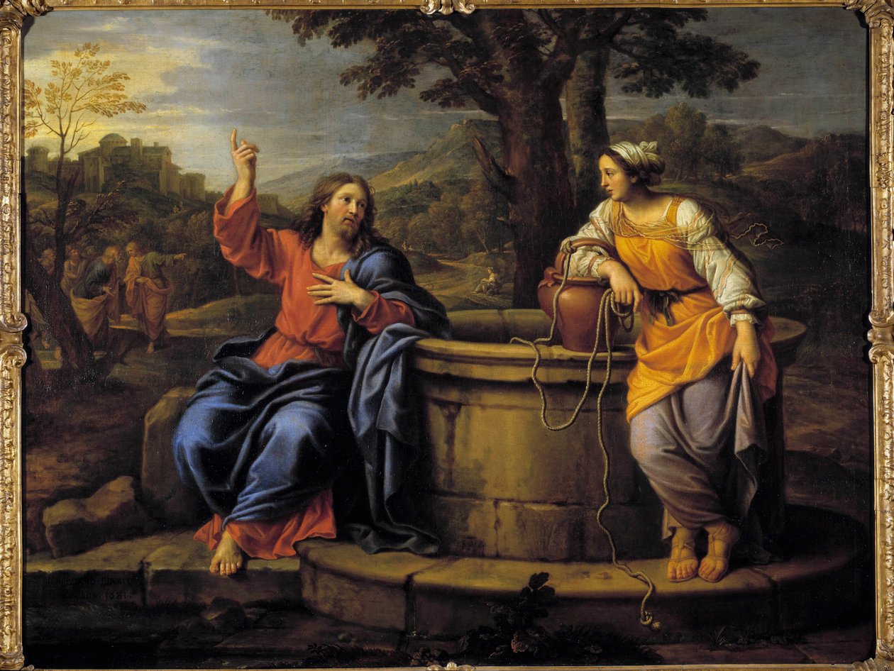 Jesus og samaritaner Jesus, der sidder til hvile, møder en samaritaner, som kom for at hente vand og beder hende om at drikke. Maleri af Pierre Mignard (1612-1695) Raleigh fra det 17. århundrede, kunstmuseum af Pierre Mignard