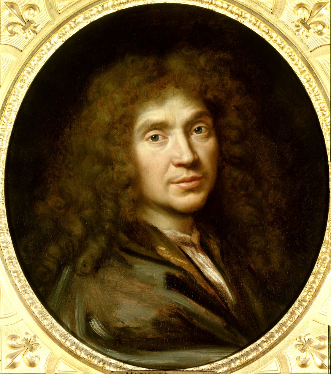 Portræt af Moliere (1622-1673) Jean Baptiste Poquelin. Olie på lærred. Dimension: 0,55 x 0,48. Maleri af Pierre Mignard (1612-1695) omkring 1658. Chantilly. Musee Conde. - Portræt af Moliere (1622-1673) Jean Baptiste Poquelin. Olie på lærred. 0,55 x 0,48.  af Pierre Mignard