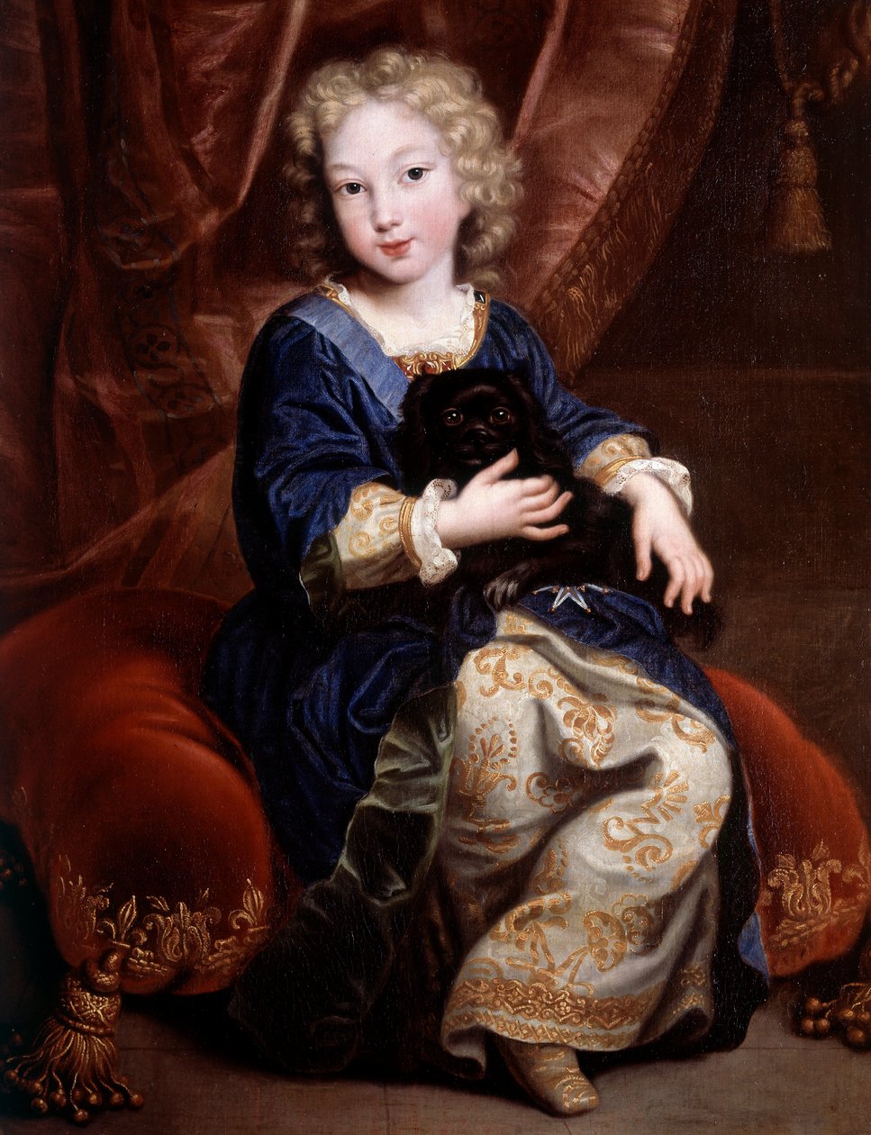 Portræt af Philippe af Frankrig, hertug af Anjou (1683-1746) (fremtidig Philip V af Spanien) viser et barn med sin sorte hund Maleri af Pierre Mignard (1612-1695) af Pierre Mignard