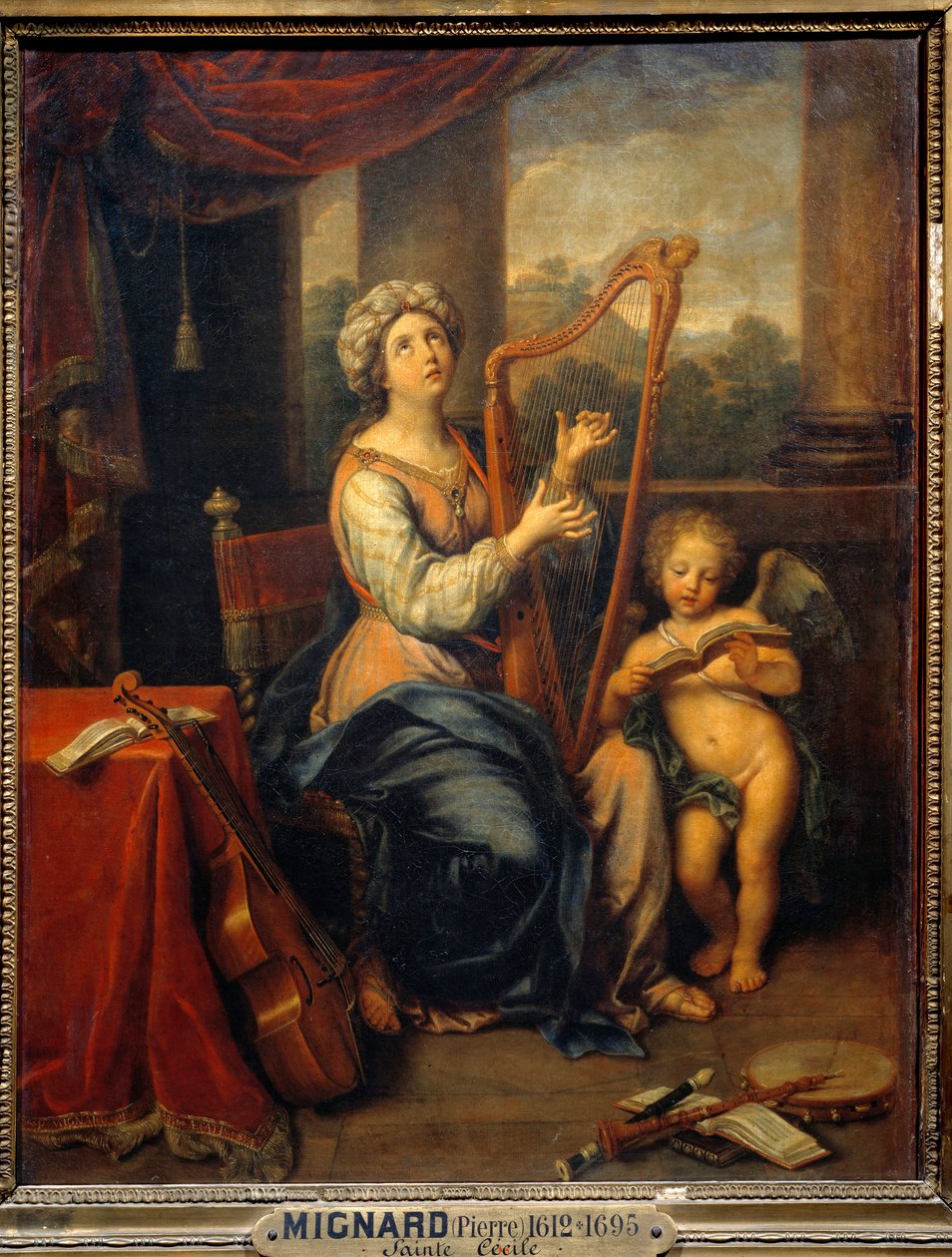 Sankt Cecile synger Herrens pris Helgenen spiller på harpe og er omgivet af instrumenter. Maleri af Pierre Mignard (1612-1695) 1691 søn. 0,74x0,56 m Paris, Musée du Louvre af Pierre Mignard