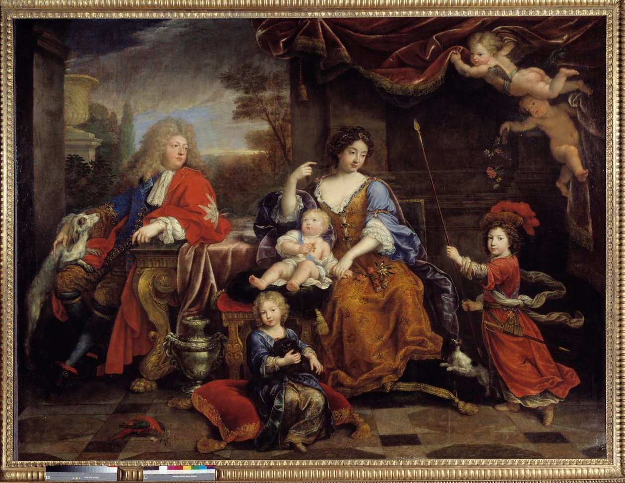 Familien til Ludvig af Frankrig (1661-1711), søn af Ludvig XIV (1638-1715), kendt som Grand Dauphin"", i 1687"" Han var repræsentant med sin kone Marie Anne Christine de Baviere og deres børn Louis, Philippe (der blev Philip V af Spanien) og Char af Pierre Mignard