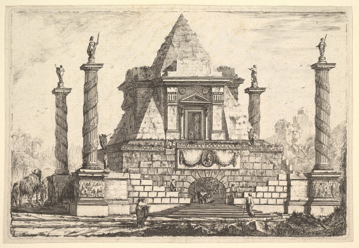 Imaginær arkitektur med kamel og figurer, efter Della Bella, 1700-tallet. af Pierre Moreau