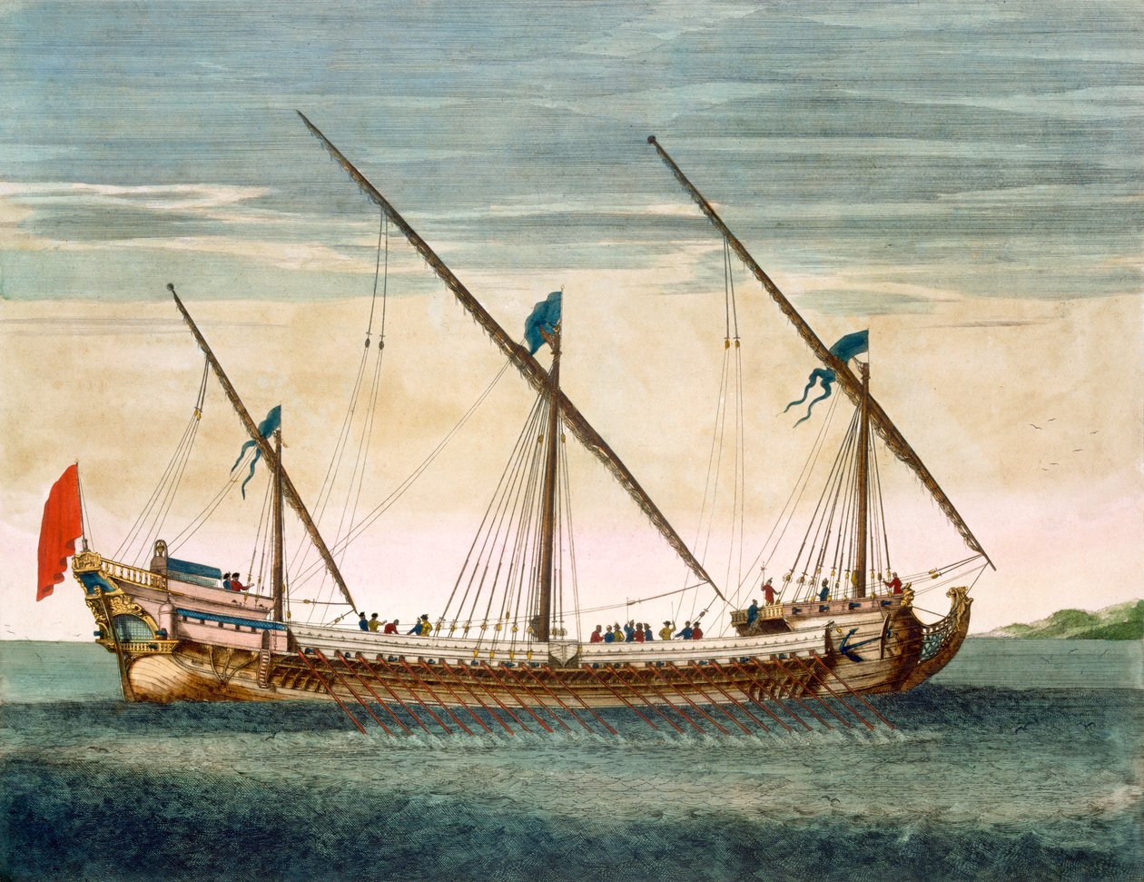 En tre-mastet Gallease på vej med åre, fra Le Naptune Francois, ca. 1693-1700 (håndfarvet gravering) af Pierre Mortier