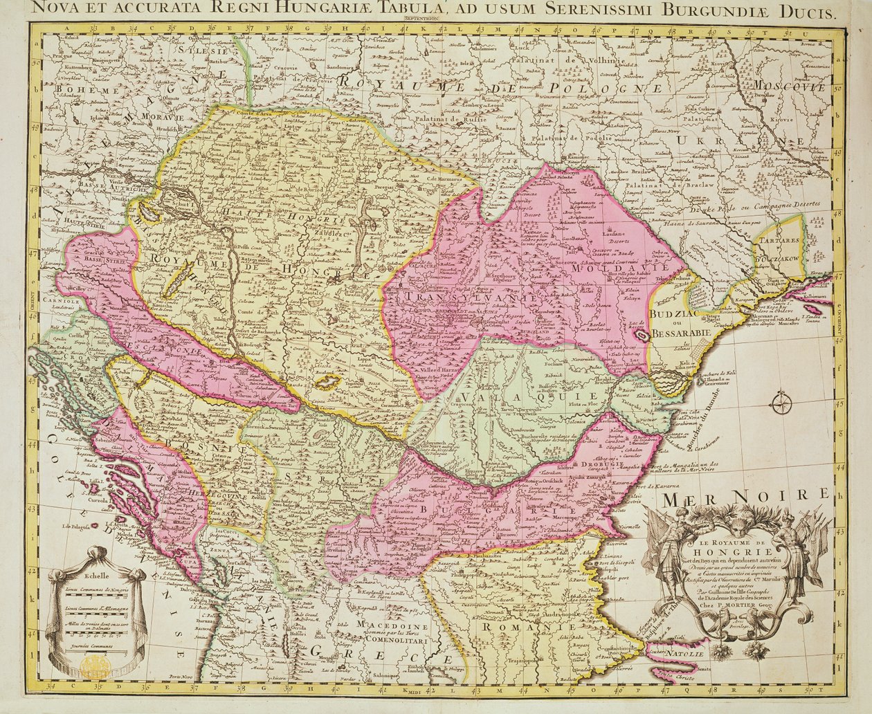 Kort over kongeriget Ungarn, 1742 (håndfarvet gravering) af Pierre Mortier