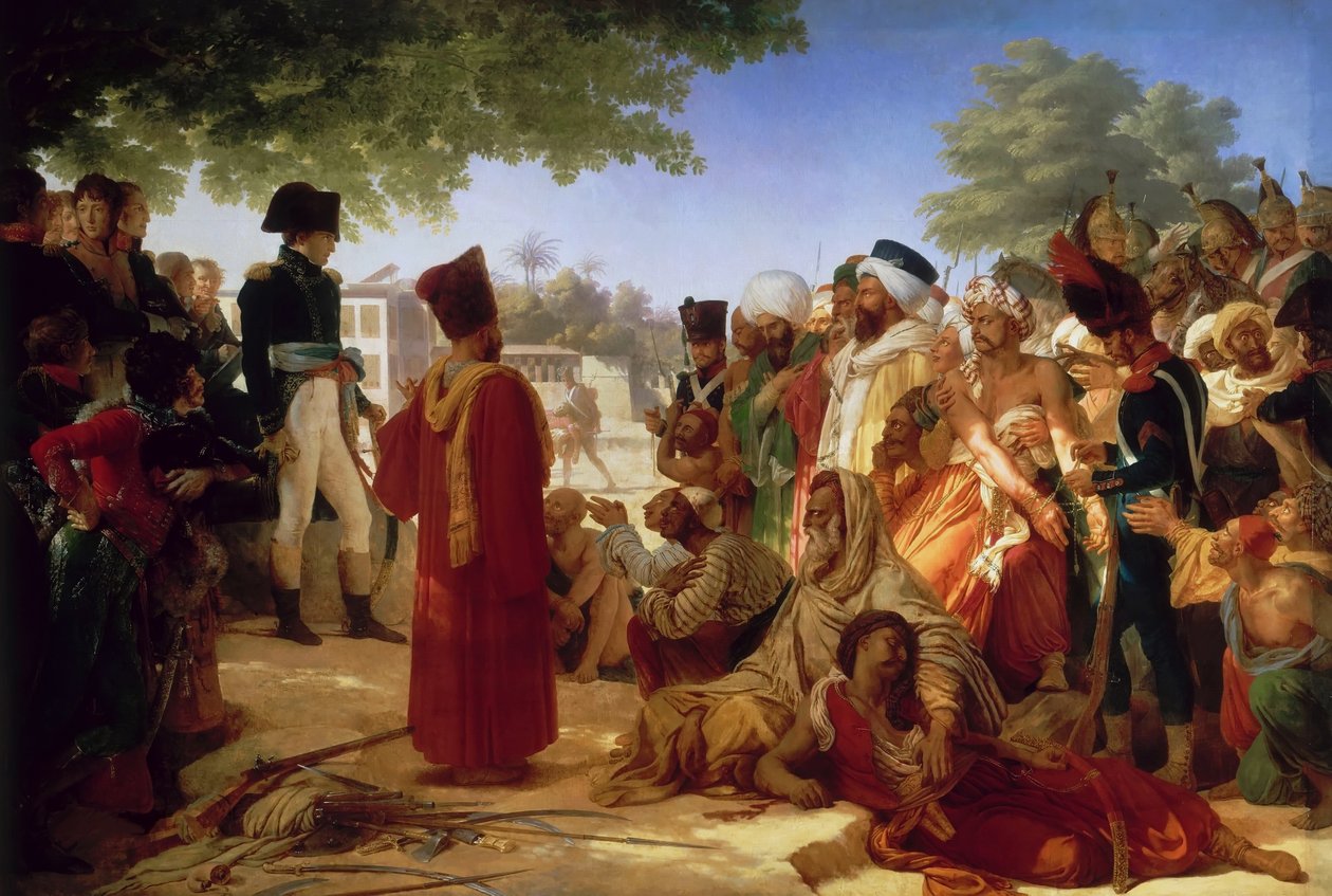 Fransk:  Bonaparte fait grace aux revolutes du Caire 23. Oktober 1798 Napoleon Bonaparte benåder oprørerne i Cairo, 23. oktober 1798 af Pierre Narcisse Guerin