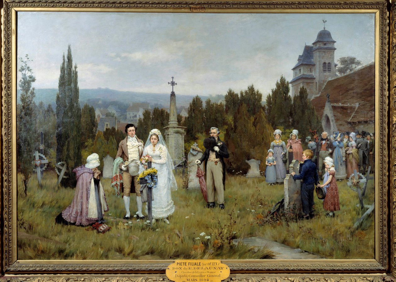 Piete datterselskab Wedding Scene, de unge brude samles på graven af den afdøde far til en af de unge brude. Maleri af Pierre Otin (1840-1899) 1800-tallet. Fecamp, museumscenter for kunst af Pierre Outin