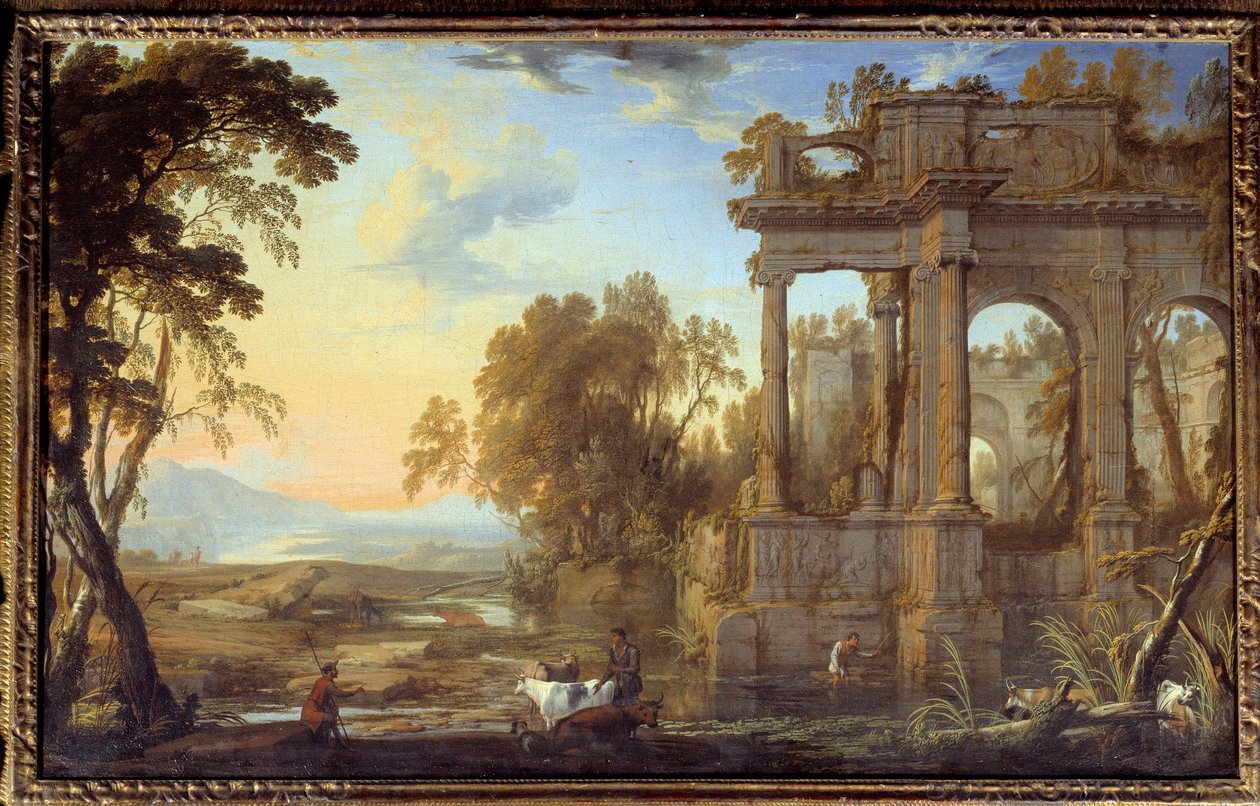 Landskab med ruiner og præster Maleri af Pierre Patel the Pere (1605-1676) 1600-tallet søn. 0,53x0,83 m af Pierre Patel