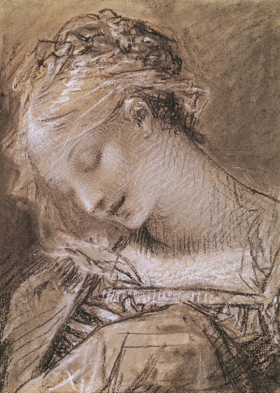 Jomfruens hoved (kul og hvidt kridt på papir) af Pierre Paul Prudhon