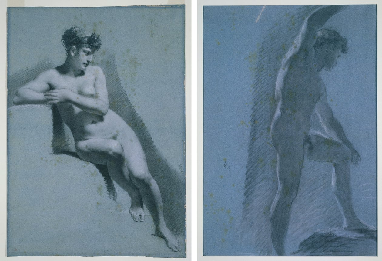 Undersøgelse af en nøgen kvinde, siddende ser til højre (recto) Undersøgelse af en nøgen mand (verso) af Pierre Paul Prud