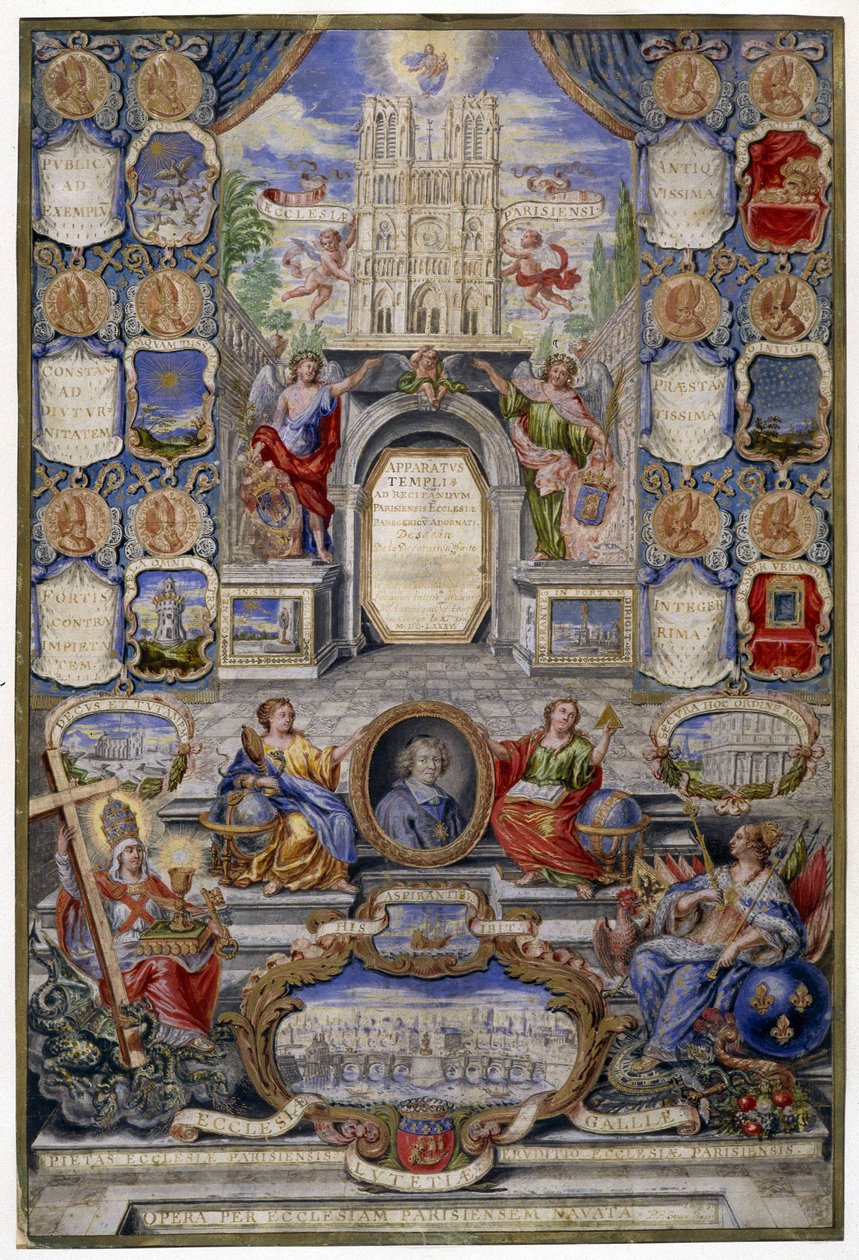 Allegori af kirken i Paris i anledning af tilbagekaldelsen af redigeringen af Nantes den 18/10/1685 holdt faderen til Jouvency en prædiken på kollegiet i Clermont i december 1685 i medaljon af archheveque of Paris, Harlay de Chanvallon, der opmuntrer af Pierre Paul Sevin