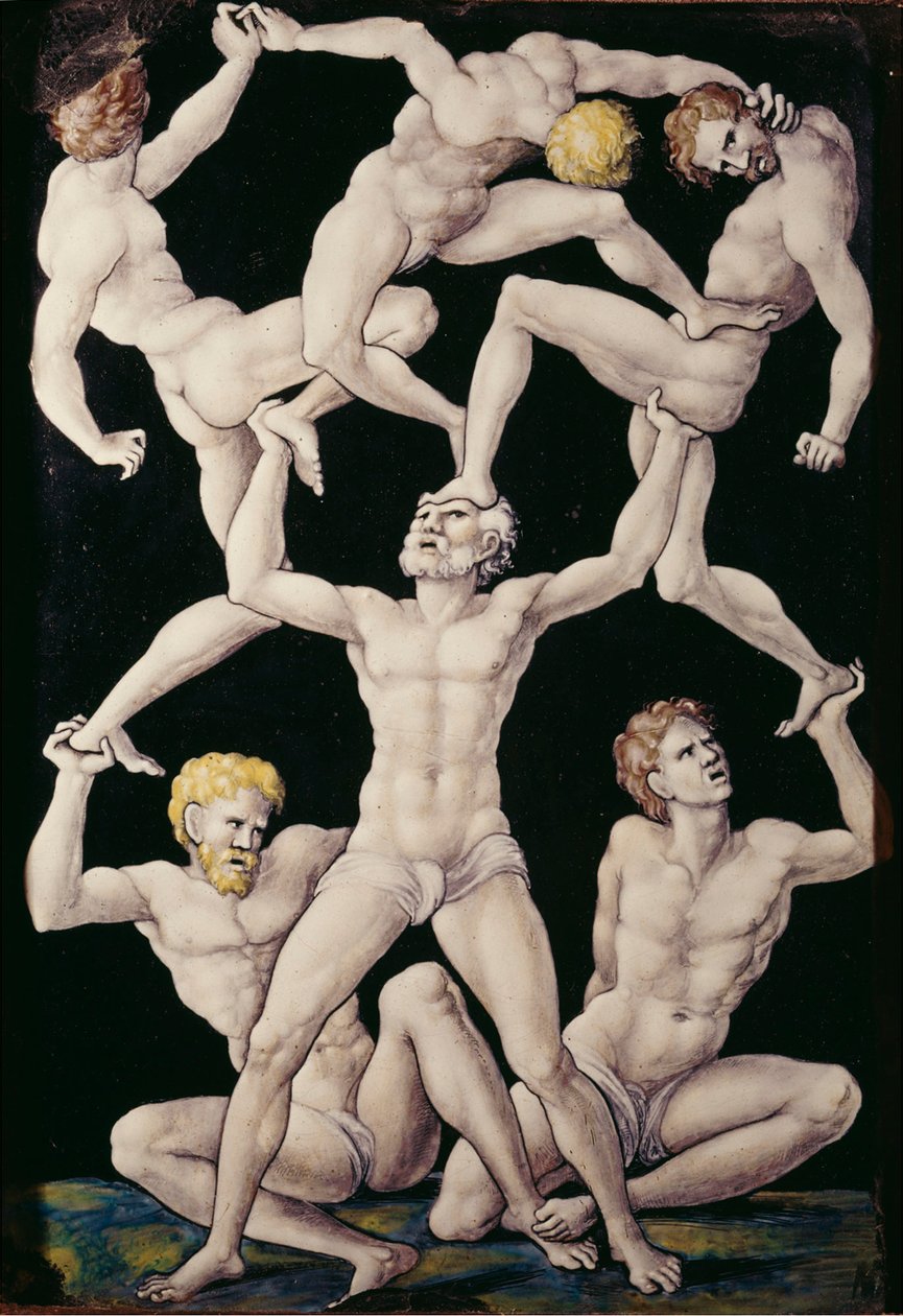 Plaque med akrobater, ca. 1550 (malet emalje på kobber) af Pierre Penicaud