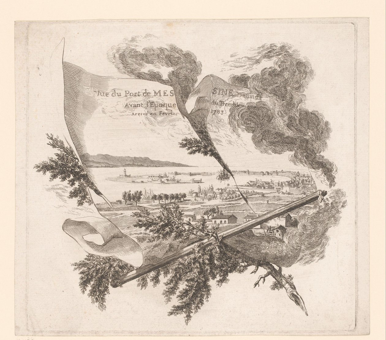 Zicht op de haven af ​​Messina Udsigt over havnen i Messina tegnet før jordskælvets tid ankom i februar 1783. (titel på objektet) af Pierre Philippe Choffard (attributed to)