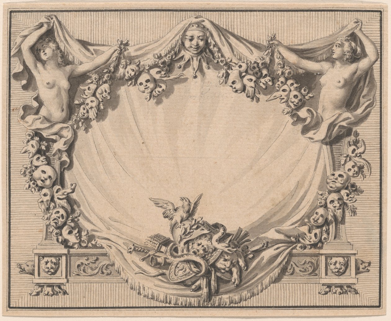 En kartouche med teatermasker af Pierre Philippe Choffard