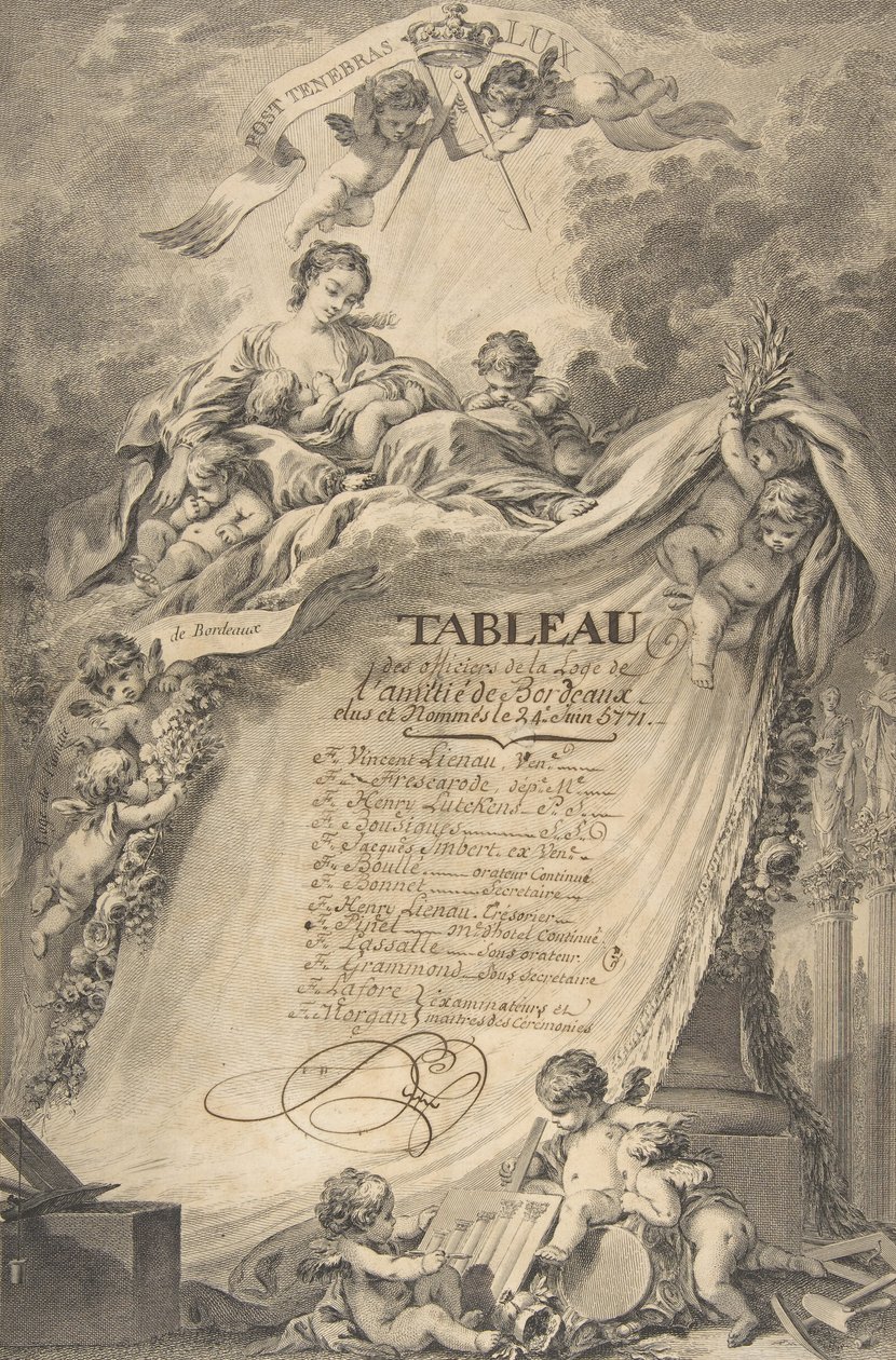 Diplom for frimurerne i Bordeaux, efter François Boucher, 1766. af Pierre Philippe Choffard