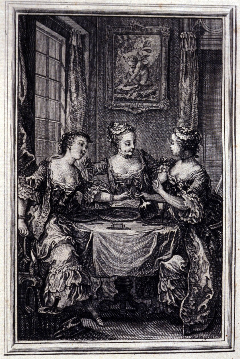 La Gageure des trois commeres - i "" Fortællinger og noveller på vers"" af Jean La Fontaine. 1776. Illustration af P.P. Choffard. af Pierre Philippe Choffard