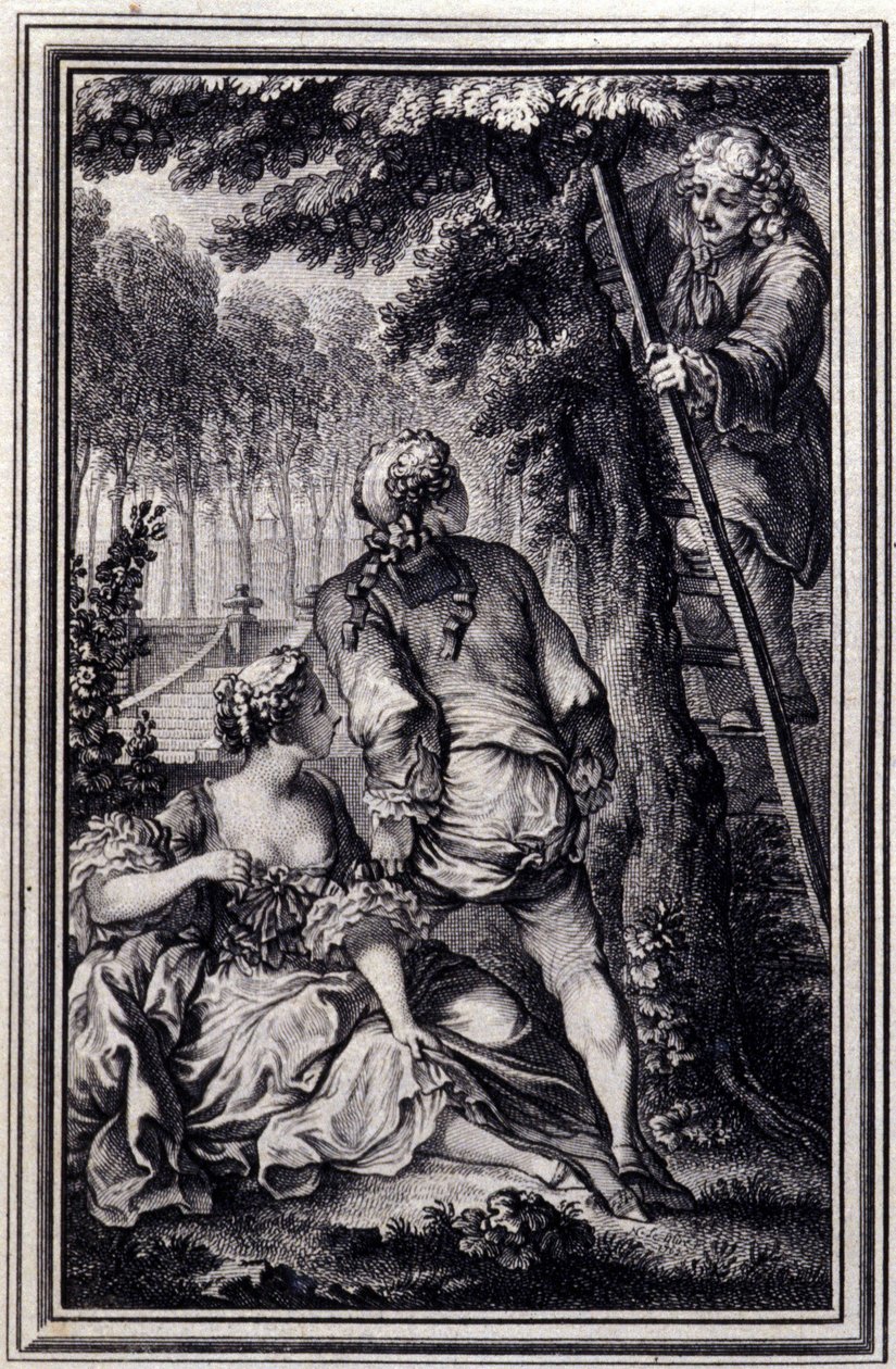La Gageure des trois commeres - i "" Fortællinger og noveller på vers"" af Jean La Fontaine. 1776. Illustration af P.P. Choffard. af Pierre Philippe Choffard