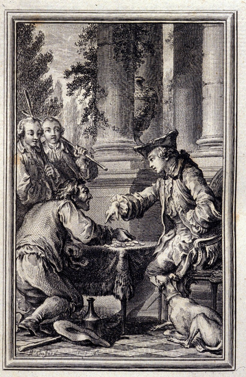 Fortælling om en bonde, der havde fornærmet sin Herre - i "Fortællinger og nyheder på vers" af Jean La Fontaine. 1776. Illustration af P.P. Choffard. af Pierre Philippe Choffard