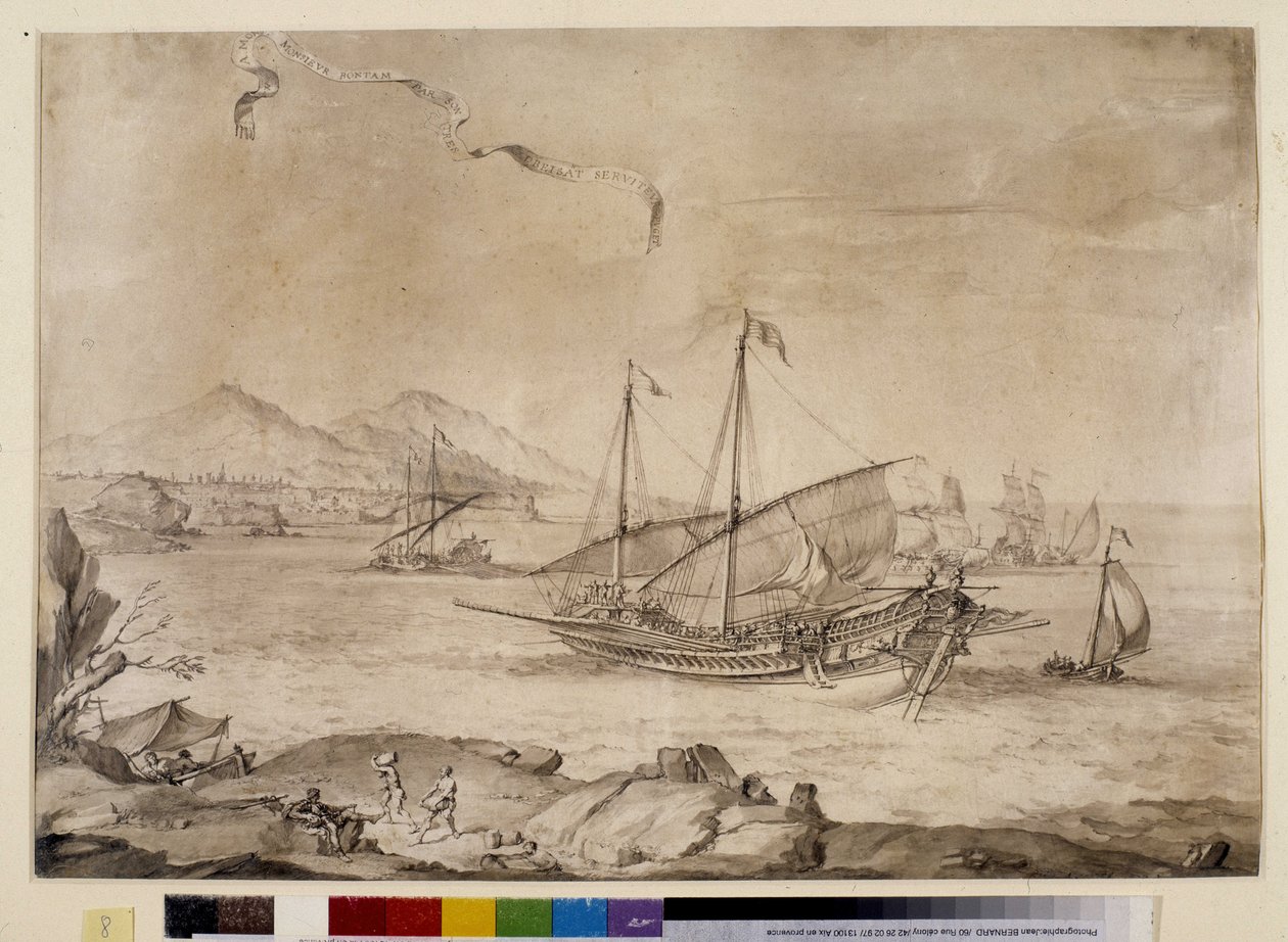 Skibe i havnen i Marseille - med patronen (tegning) af Pierre Puget